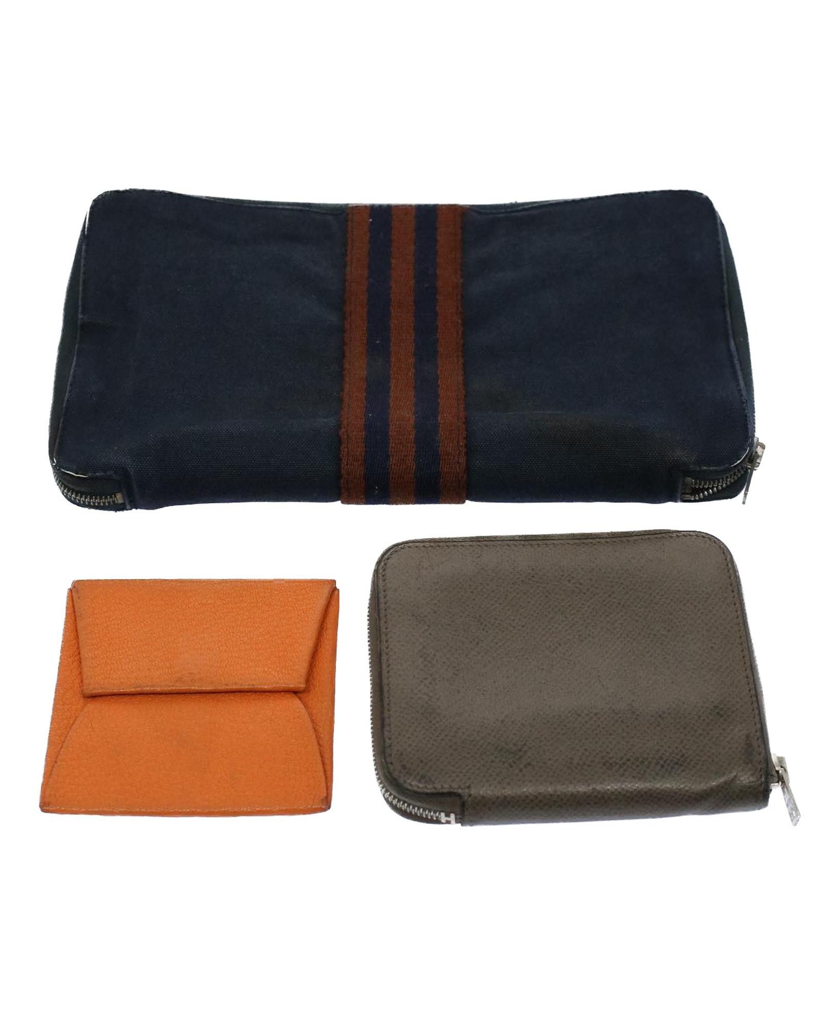 image of Hermes Navy Orange Gray Leather Canvas Wallet Set, Women's