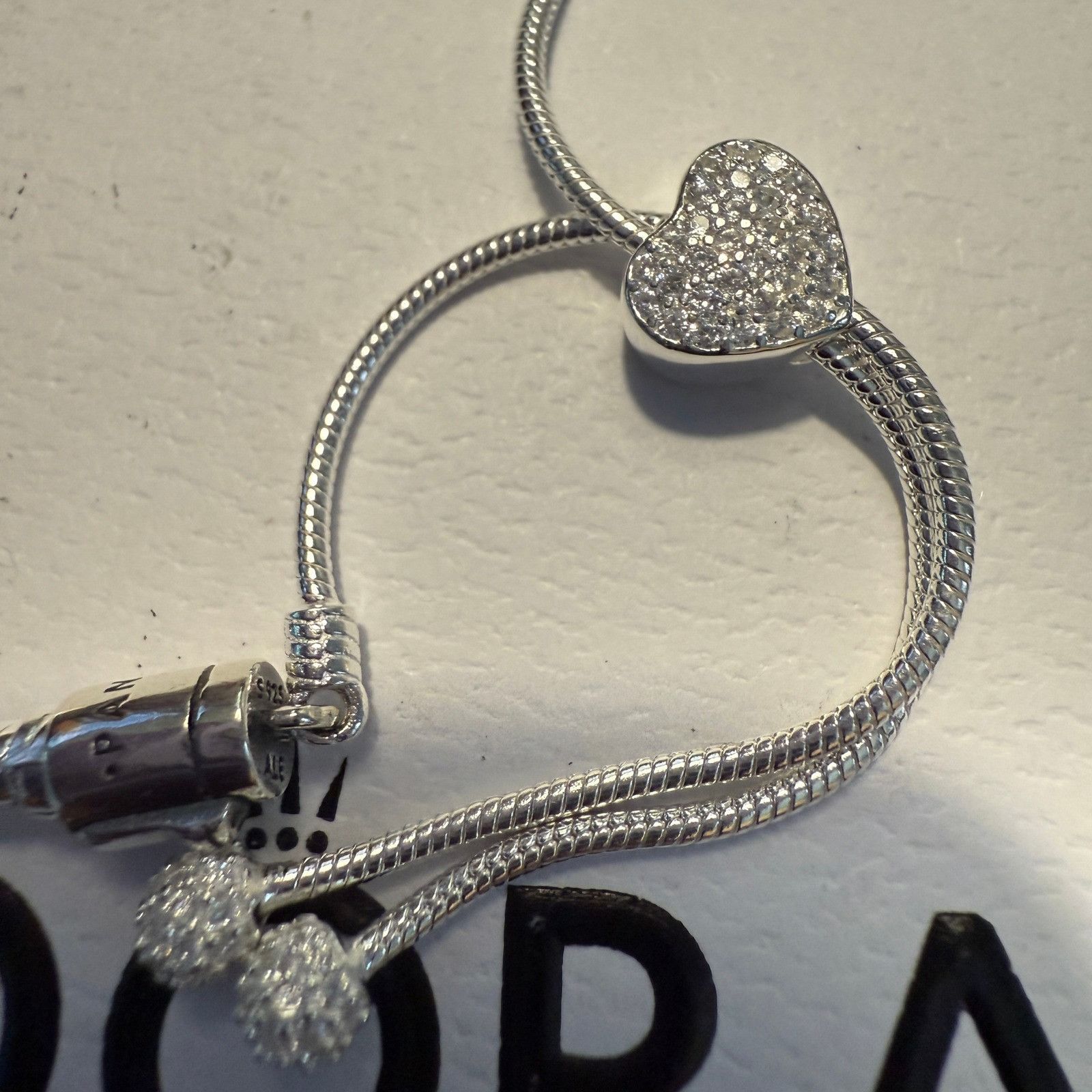 pandora Authentic Pandora Silver Sparkling Pave Heart Slider Bracele Size ONE SIZE - 4 Thumbnail