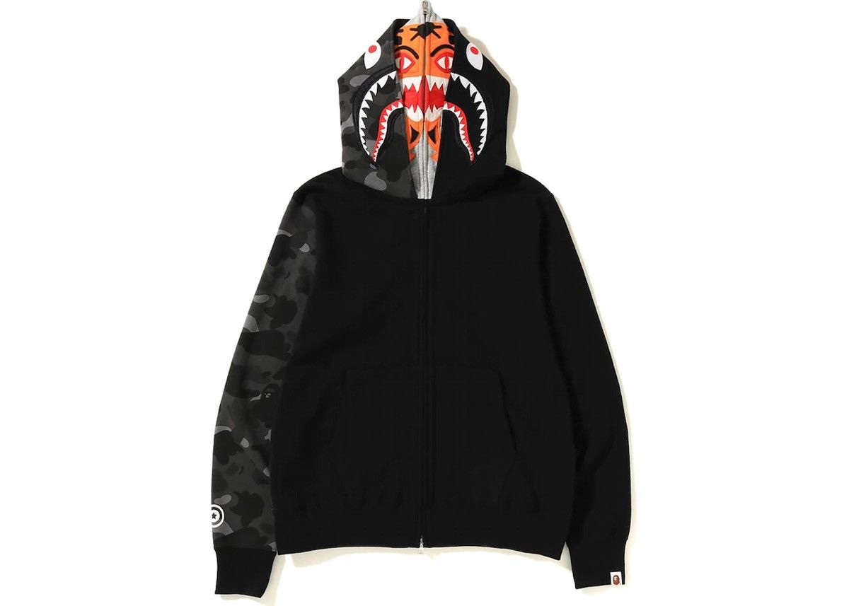 Image of Bape Color Camo Tiger Shark Double Full Zip Hoodie Jacket in Black, Men's (Size 2XL)