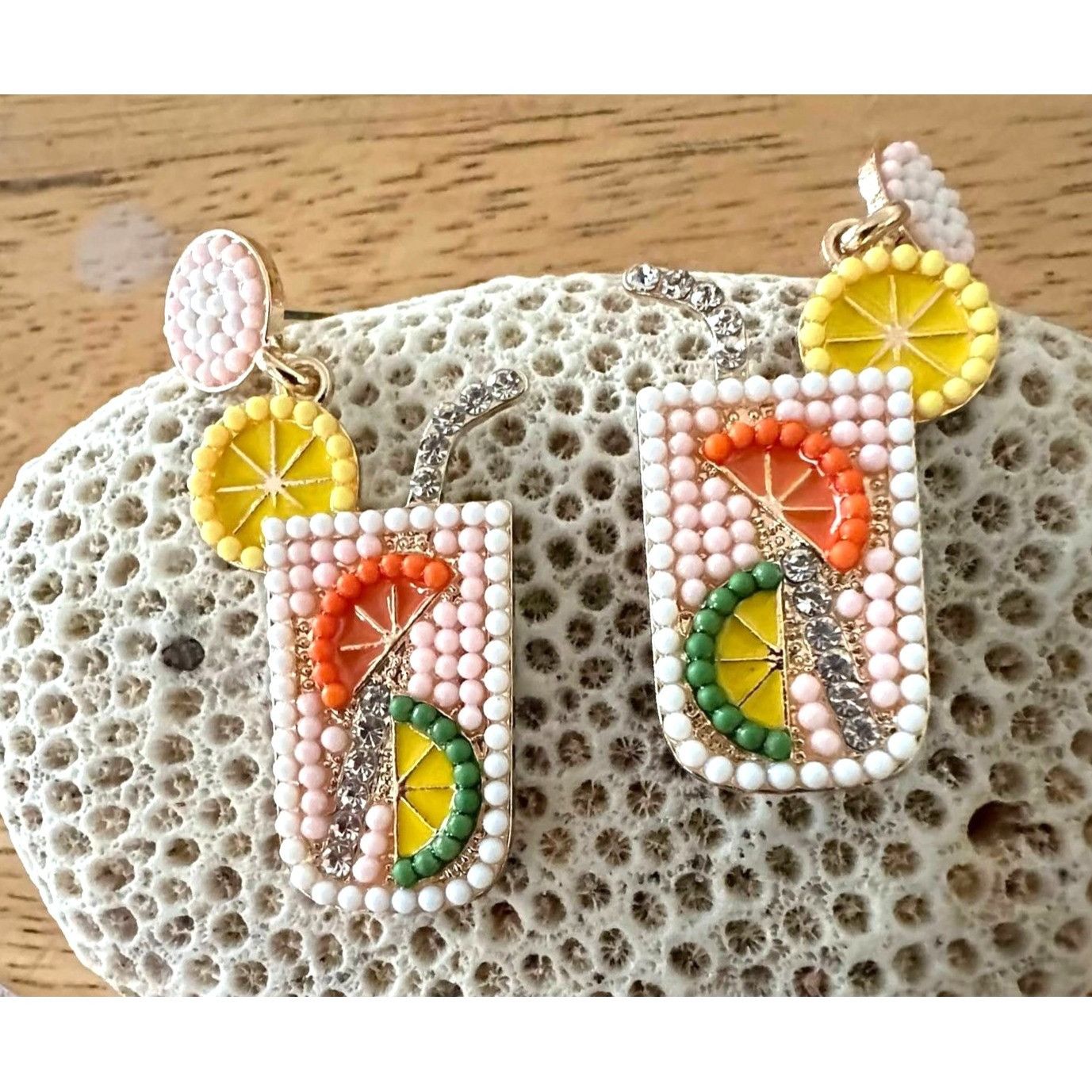 Handmade Tropical Cocktail Earrings Beaded Dangle Posts Lemon Lime Cr Size ONE SIZE - 4 Thumbnail