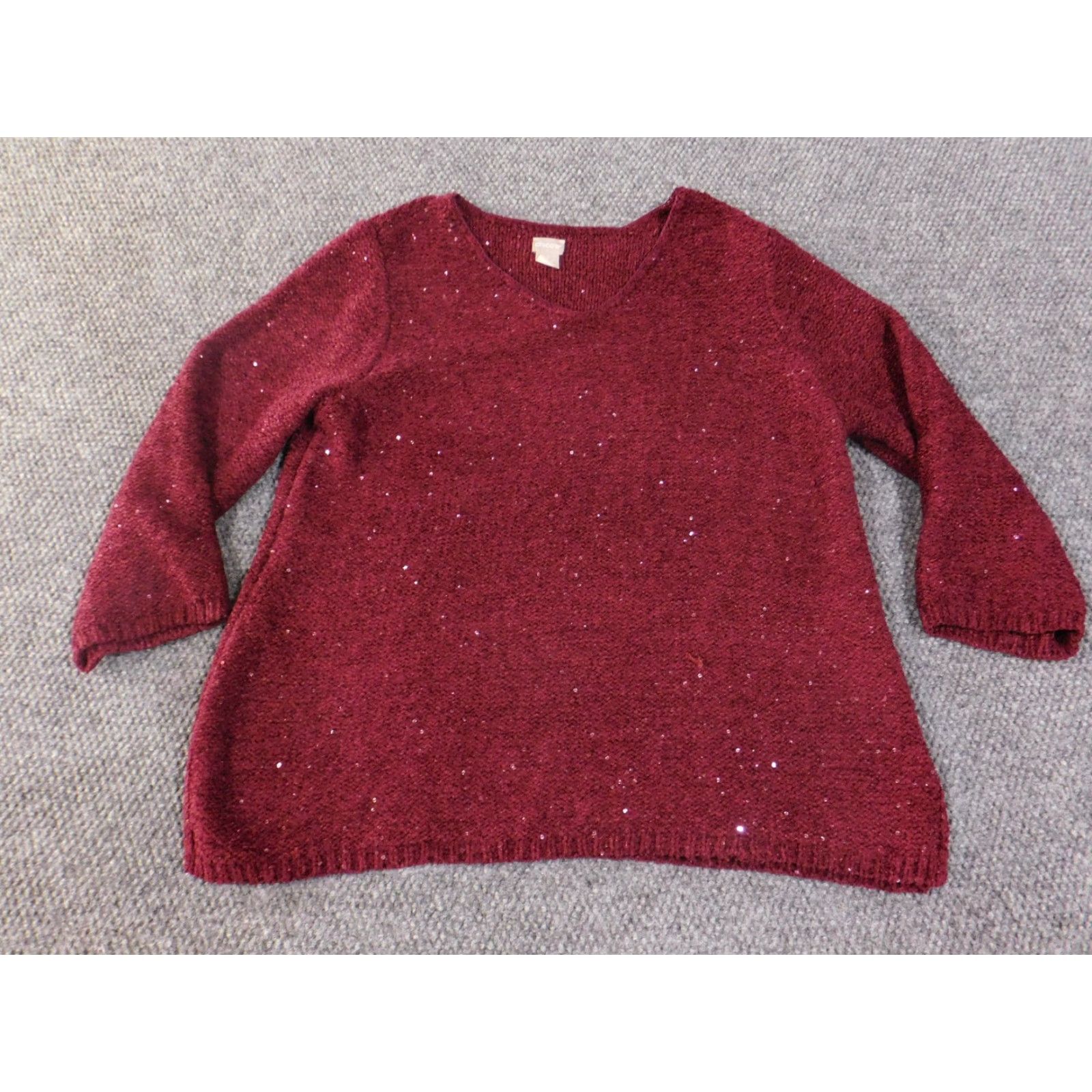 Vintage Chicos Sweater Womens 3 Red Burgundy Sequin Knit V-Neck Pullover Metallic Size XS / US 0-2 / IT 36-38 - 2 Thumbnail
