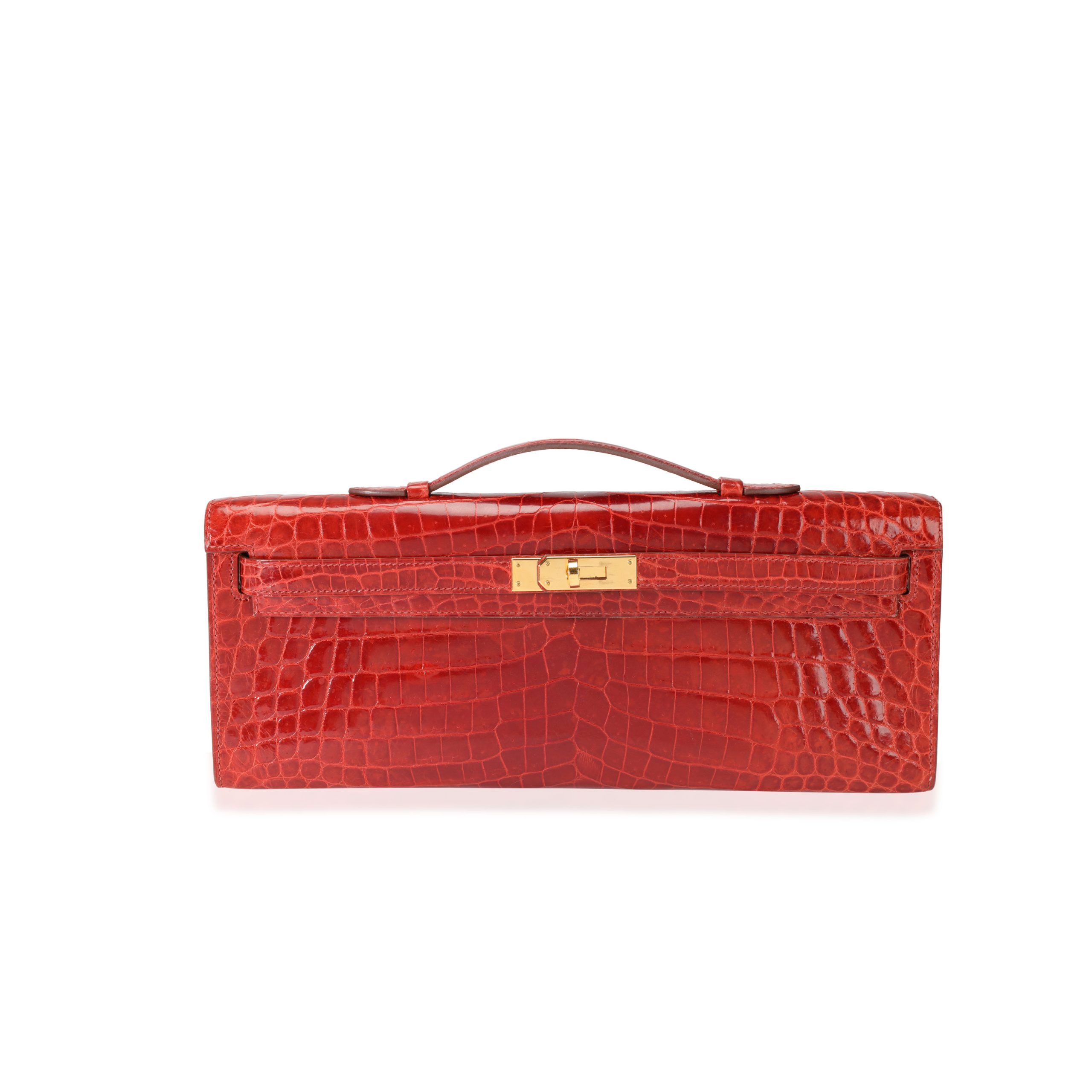 image of Hermes Sanguine Shiny Niloticus Crocodile Kelly Cut Ghw in Red, Women's