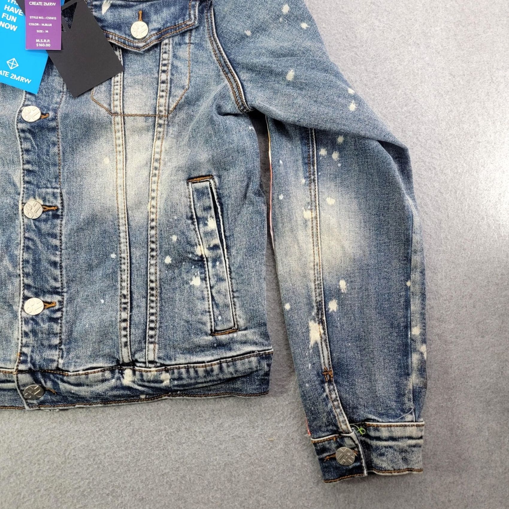 Denime CREATE 2MRW Jacket Mens M Blue Denim Distressed Paint Splatter Reflective CS0612 Size US M / EU 48-50 / 2 - 4 Thumbnail