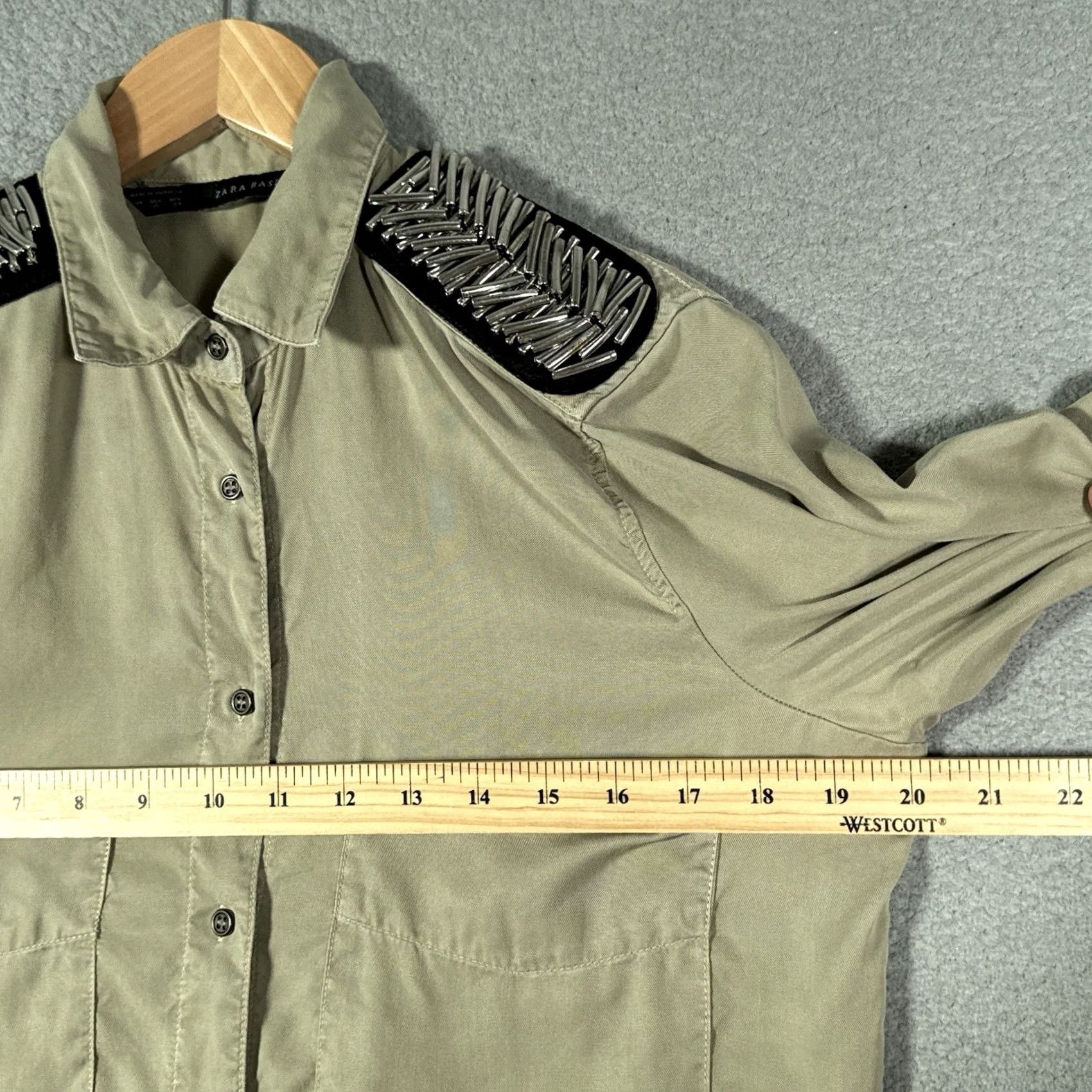 Zara Zara Shirt Womens XS Khaki Military Style Button-Up Long Sleeve Collared Beaded Studded Pockets Boho Streetwear Size XS / US 0-2 / IT 36-38 - 6 Thumbnail