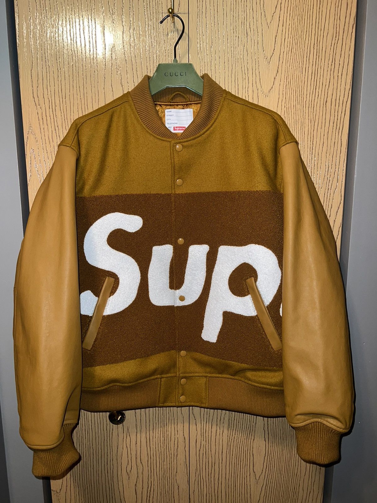 Image of Supreme Big Logo Chenille Varsity Jacket Mustard Size Xl, Men's