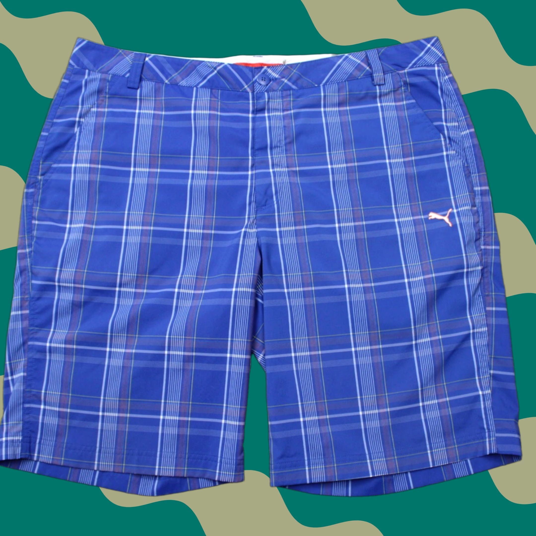 Puma Puma Shorts Mens 40 Blue Check Bermuda Flat Front Poly Stretch Pockets Slim Regular Inseam 11in Sports Casual Summer Spring Fall Size US 40 / EU 56 - 1 Thumbnail