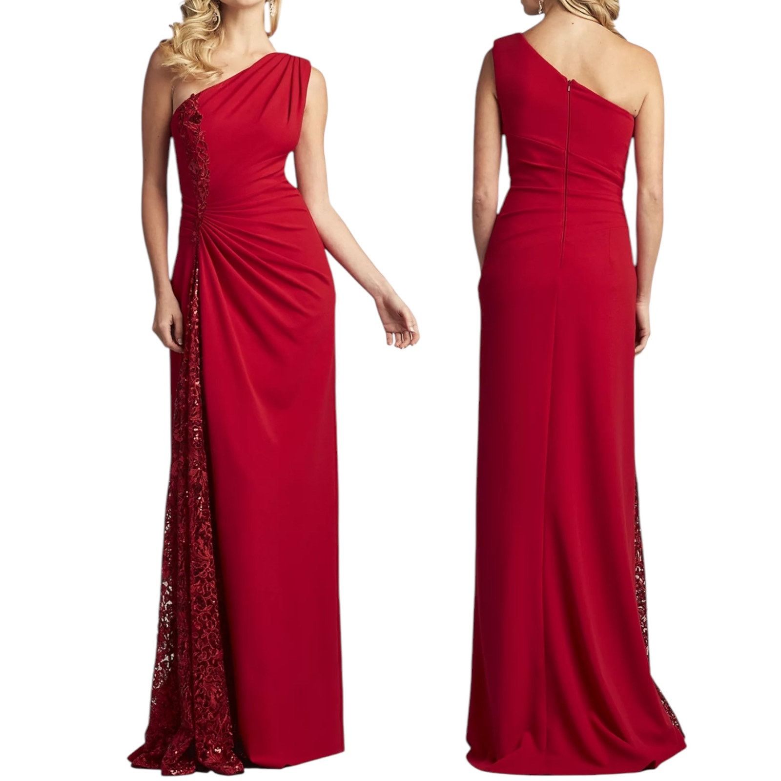 Tadashi Shoji One Shoulder Lace Insert Gown Red Size 12