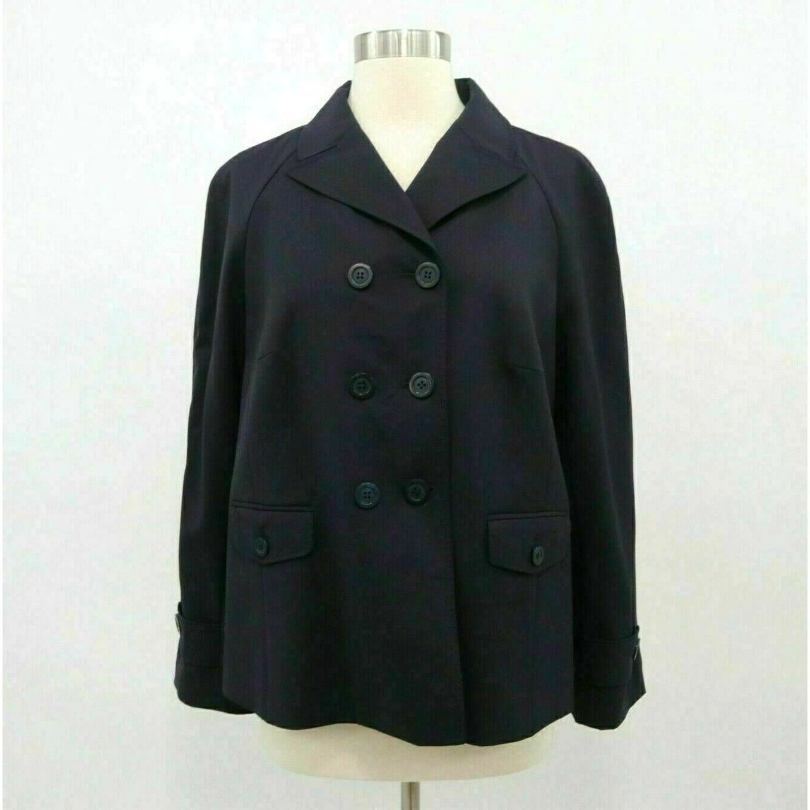 image of Vintage Faconnable Jacket Pea Coat Wool Womens L Navy Blue Double-Breasted Lightweight in White (Si