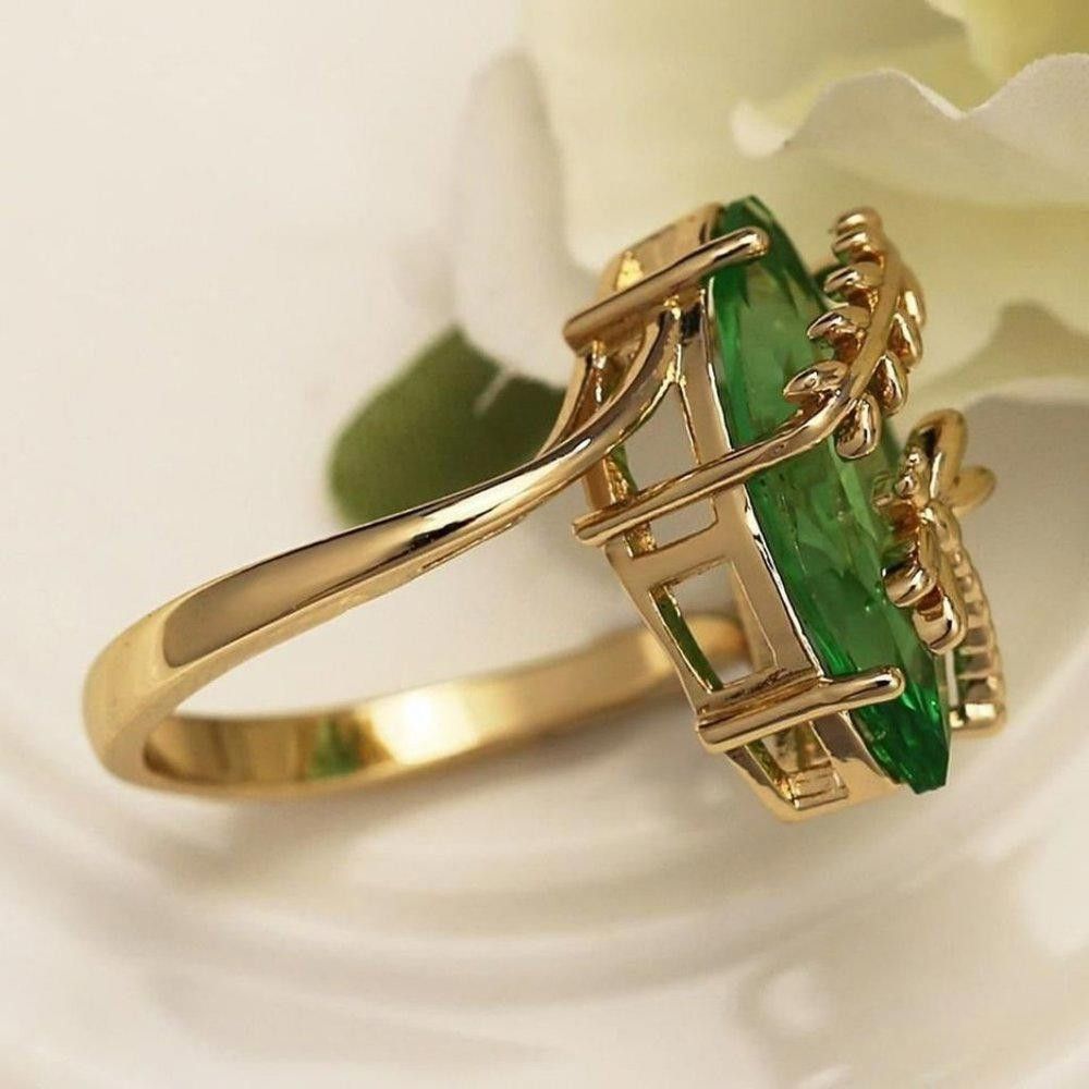 Designer Sterling Silver Green Olive Marquise Gold Dragonfly Ring Size ONE SIZE - 2 Thumbnail