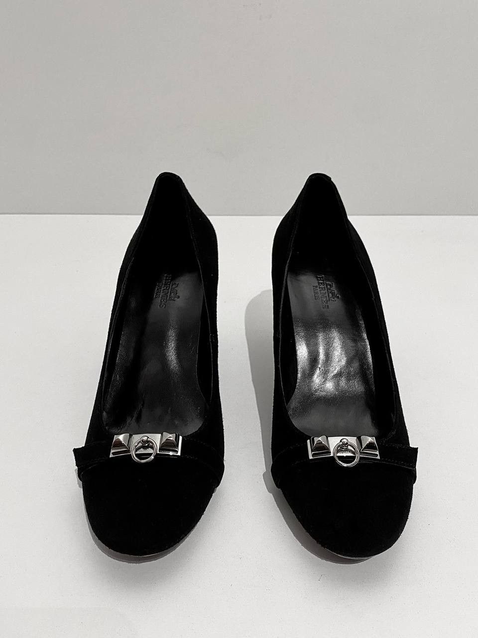 Hermes Hermes Collier Chien Black Suede Leather Silver Logo Heels Size US 7 / IT 37 - 4 Thumbnail