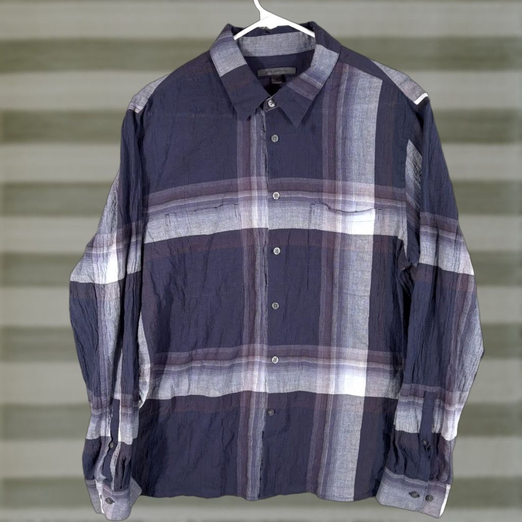 John Varvatos John Varvatos Shirt Mens M Navy Cole Plaid Cotton Lightweight Casual Button-Up Long Sleeve, Blue, Plaid, Regular Fit Size US M / EU 48-50 / 2 - 1 Thumbnail