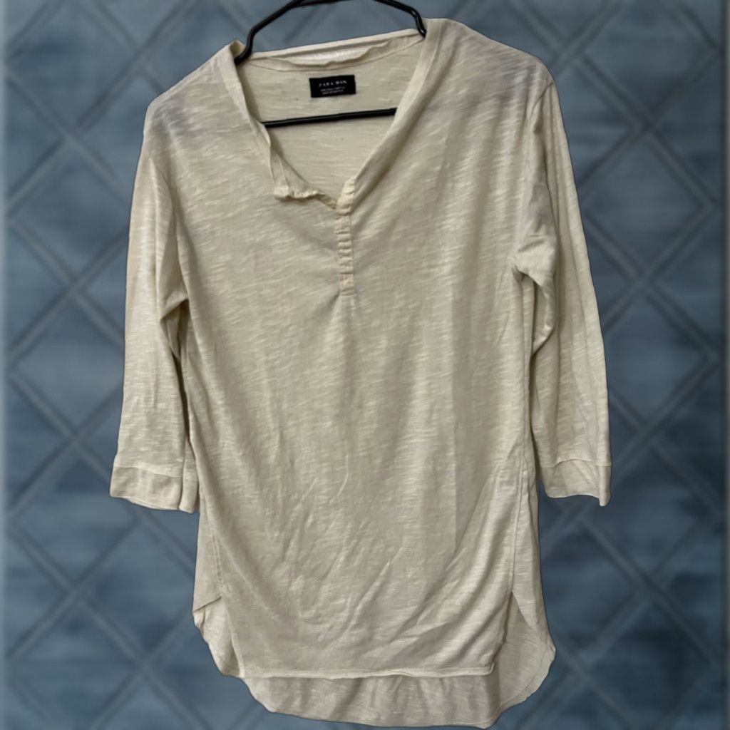 Zara ZARA Blouse Shirt 3/4 Sleeve Peter Pan Beaded Embellished Collar Top Beige S Womens Size S / US 4 / IT 40 - 1 Thumbnail
