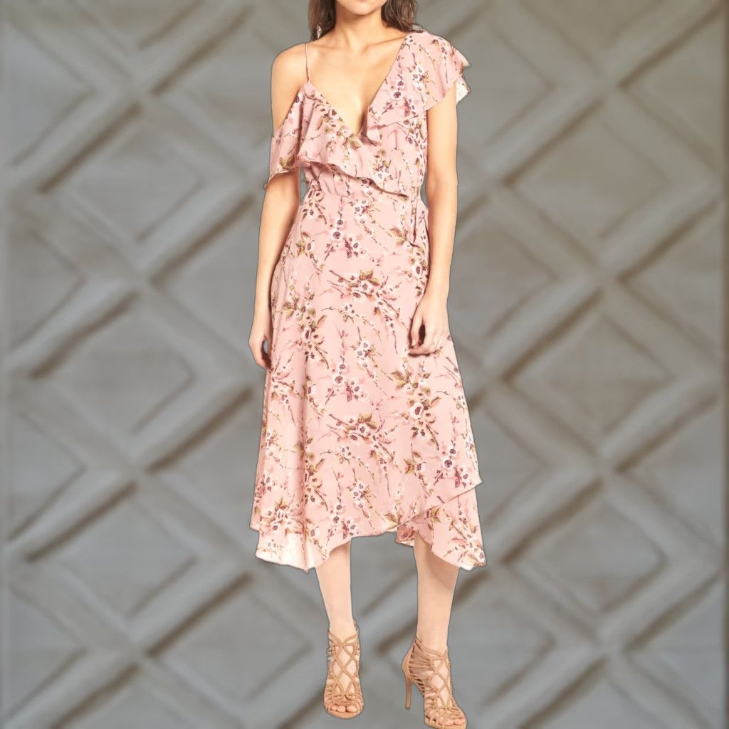 Vintage WAYF Dress Womens Midi Floral Wrap Ruffle Pink Hi-Low Short Sleeve Bohemian L Pink Womens Size L / US 10 / IT 46 - 1 Thumbnail
