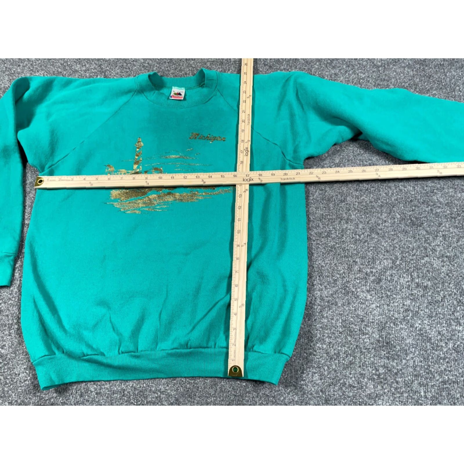 Fruit Of The Loom VTG Michigan Lighthouse Print Sweatshirt Adult Large Green Raglan Sleeves Size US L / EU 52-54 / 3 - 5 Thumbnail
