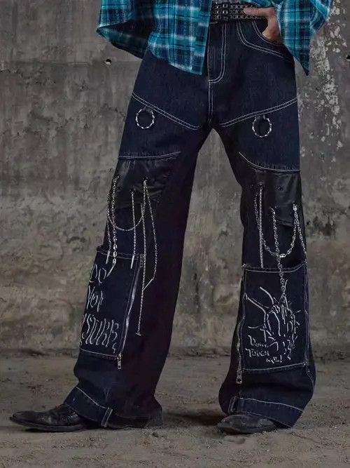VIBE Street punk detachable patchwork washed Harajuku style jeans Size US 30 / EU 46 - 2 Thumbnail