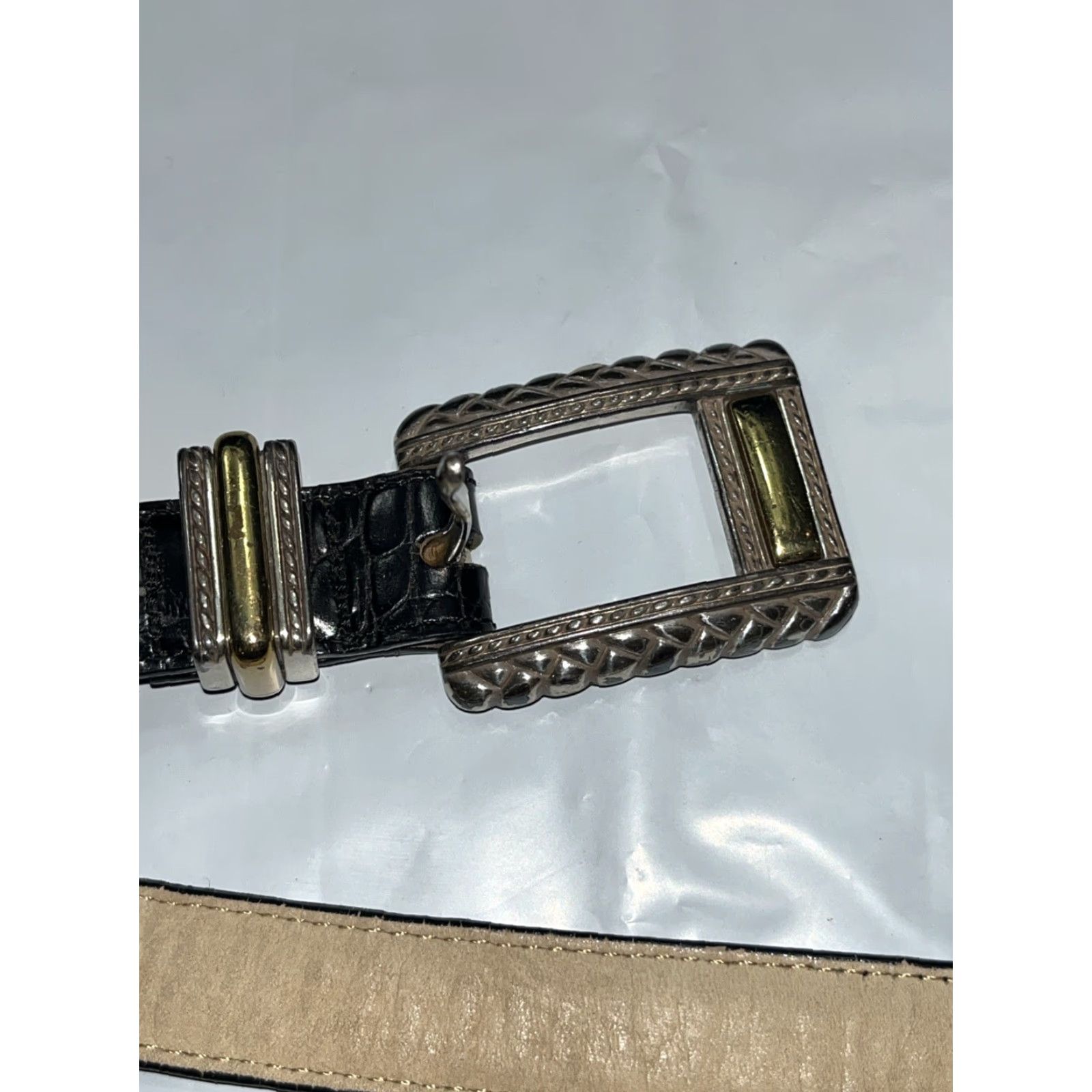 Brighton VINTAGE Brighton BELT Women Large Black Leather Croc Print Gold Silver Chain Links 44203 LRG Size ONE SIZE - 3 Thumbnail