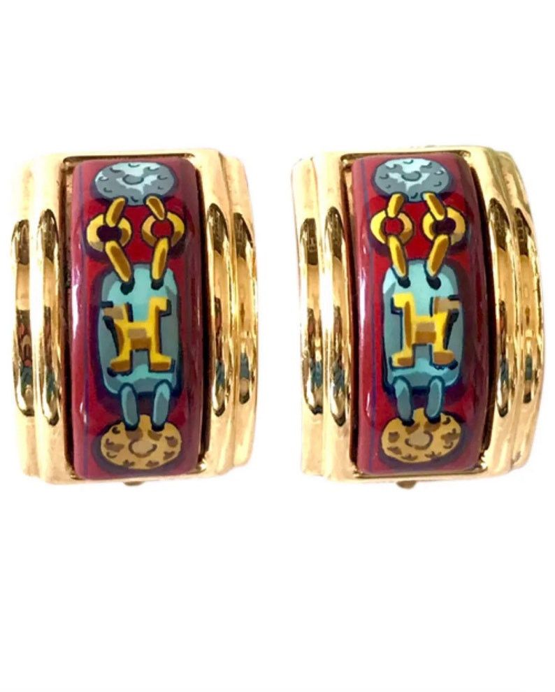 image of Hermes Vintage Cloisonne Golden Earrings With Red And Yellow Chain, Medal Charm, H Logo Jewelry Pri