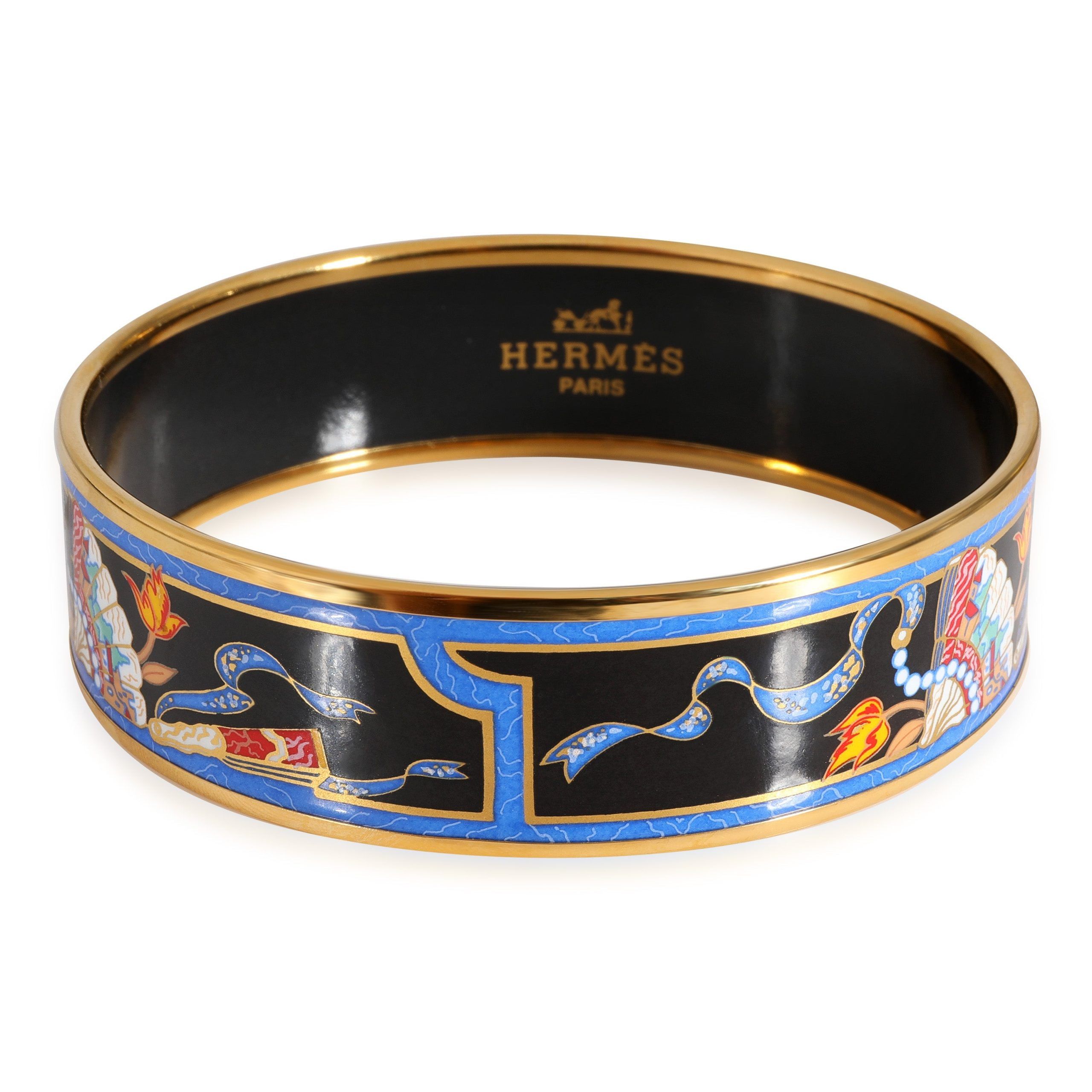 image of Hermes Plated Blue Folding Fan Design Wide Enamel Bracelet in Yellow, Women's