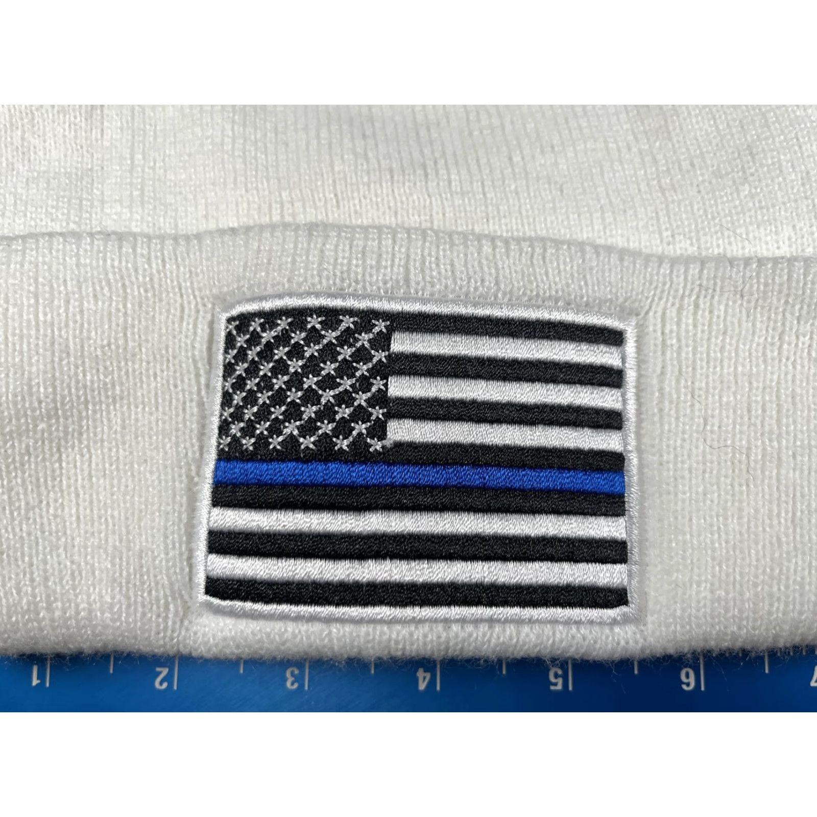 Vintage Thin Blue Line American Flag Beanie Mens One Size White Knit USA Winter Hat Size ONE SIZE - 2 Thumbnail