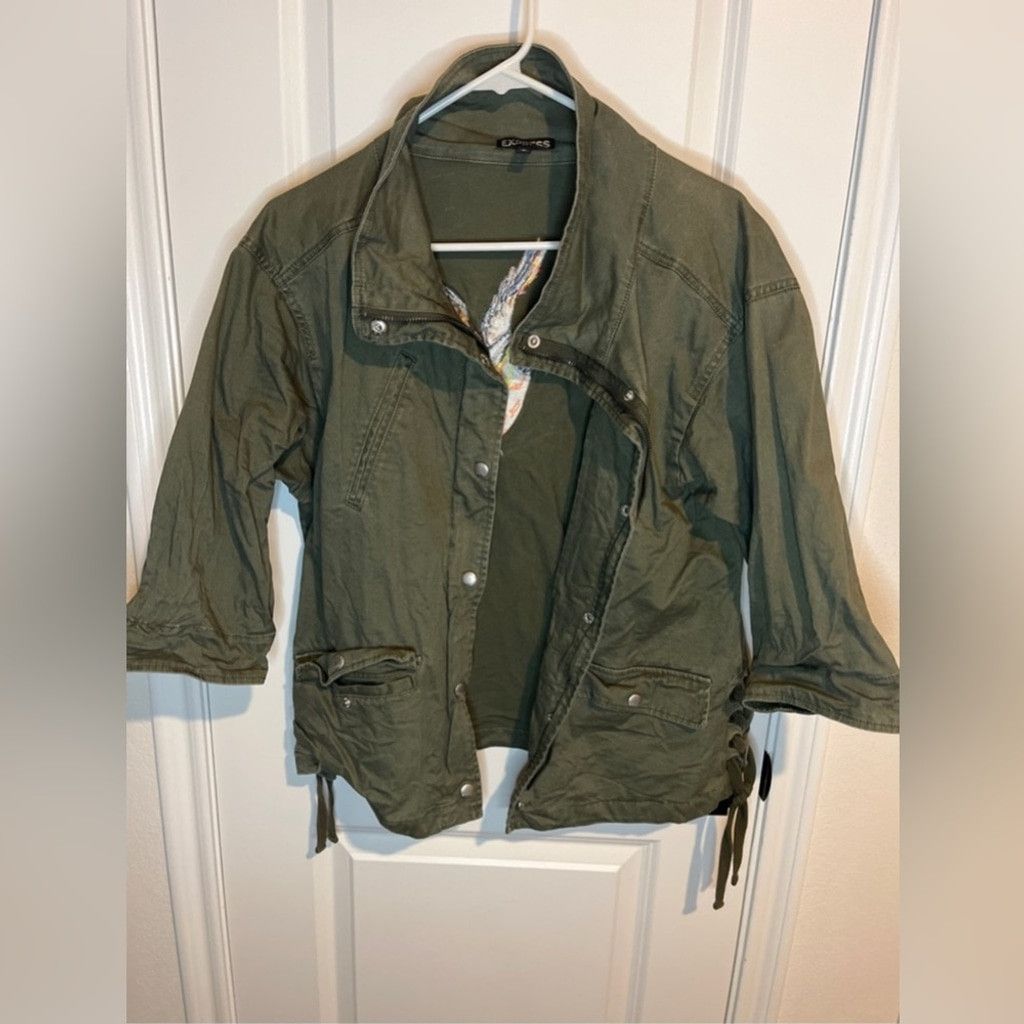 Express Express Olive Green Women's Jacket w Flowers Bird Embroidery Size M / US 6-8 / IT 42-44 - 2 Thumbnail