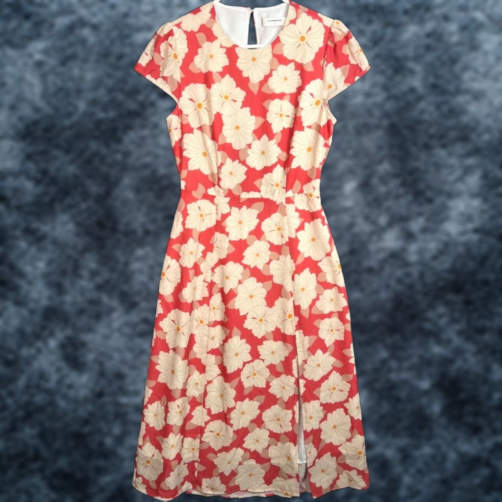 Vintage Commense Dress Womens Size S Red Floral Maxi Cap-Sleeve Round Neck Polyester Party/Cocktail Casual Size S / US 4 / IT 40 - 1 Thumbnail