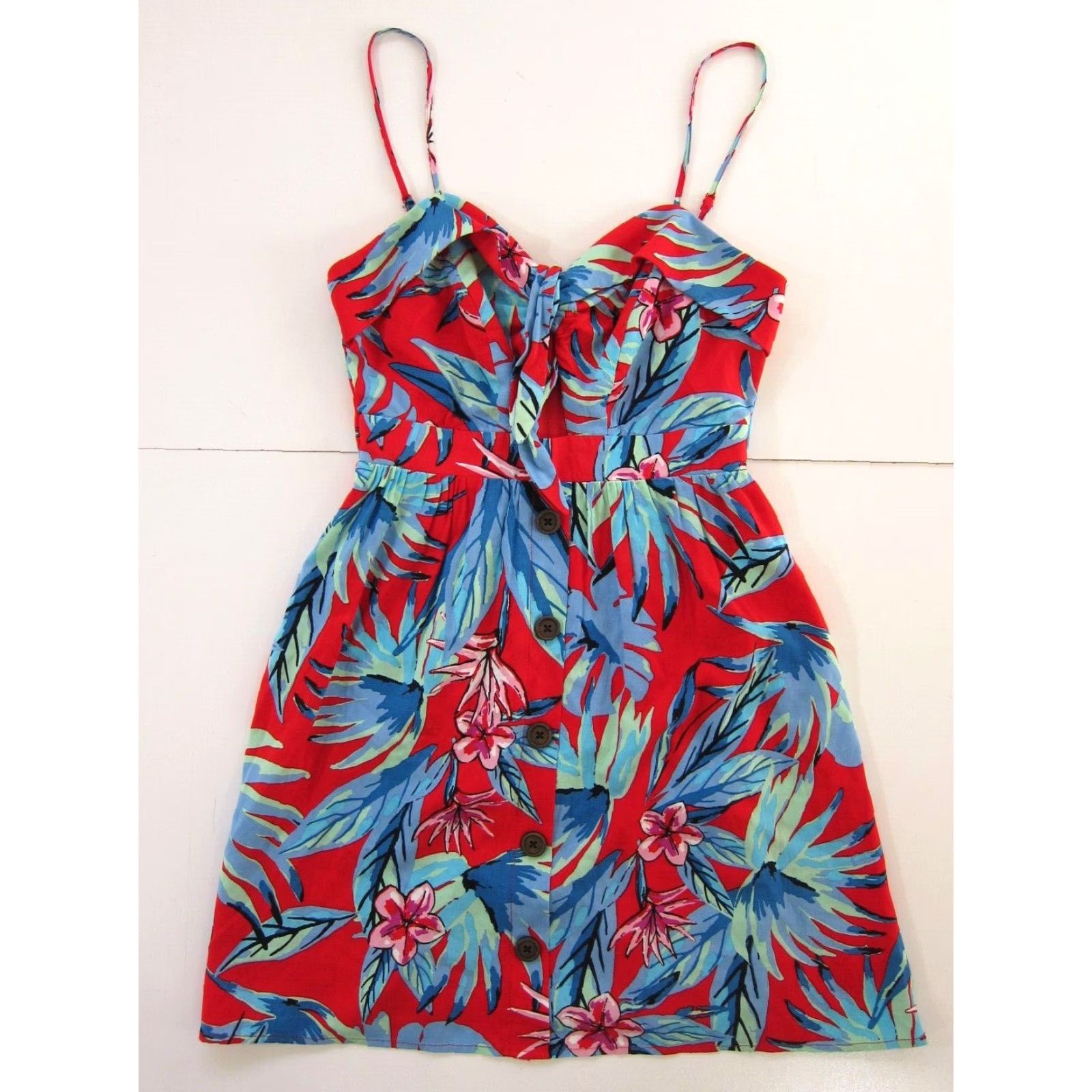 Vintage Jodi Kristopher 100% Rayon Red Blue Floral Spaghetti Strap Empire Sun Dress XS Women Sleeveless Sundress Shirt Dress Wrap Dress 70s 90s Size XS / US 0-2 / IT 36-38 - 2 Thumbnail
