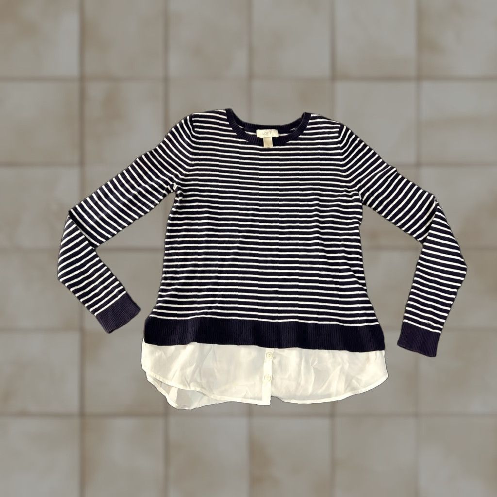 Loft LOFT Sweater Women Small Navy White Striped Knit Cable Crew Neck Long Sleeve Casual Preppy Office Pullover All Seasons 100% Cotton Regular Fit Boys? Size S / US 4 / IT 40 - 1 Thumbnail