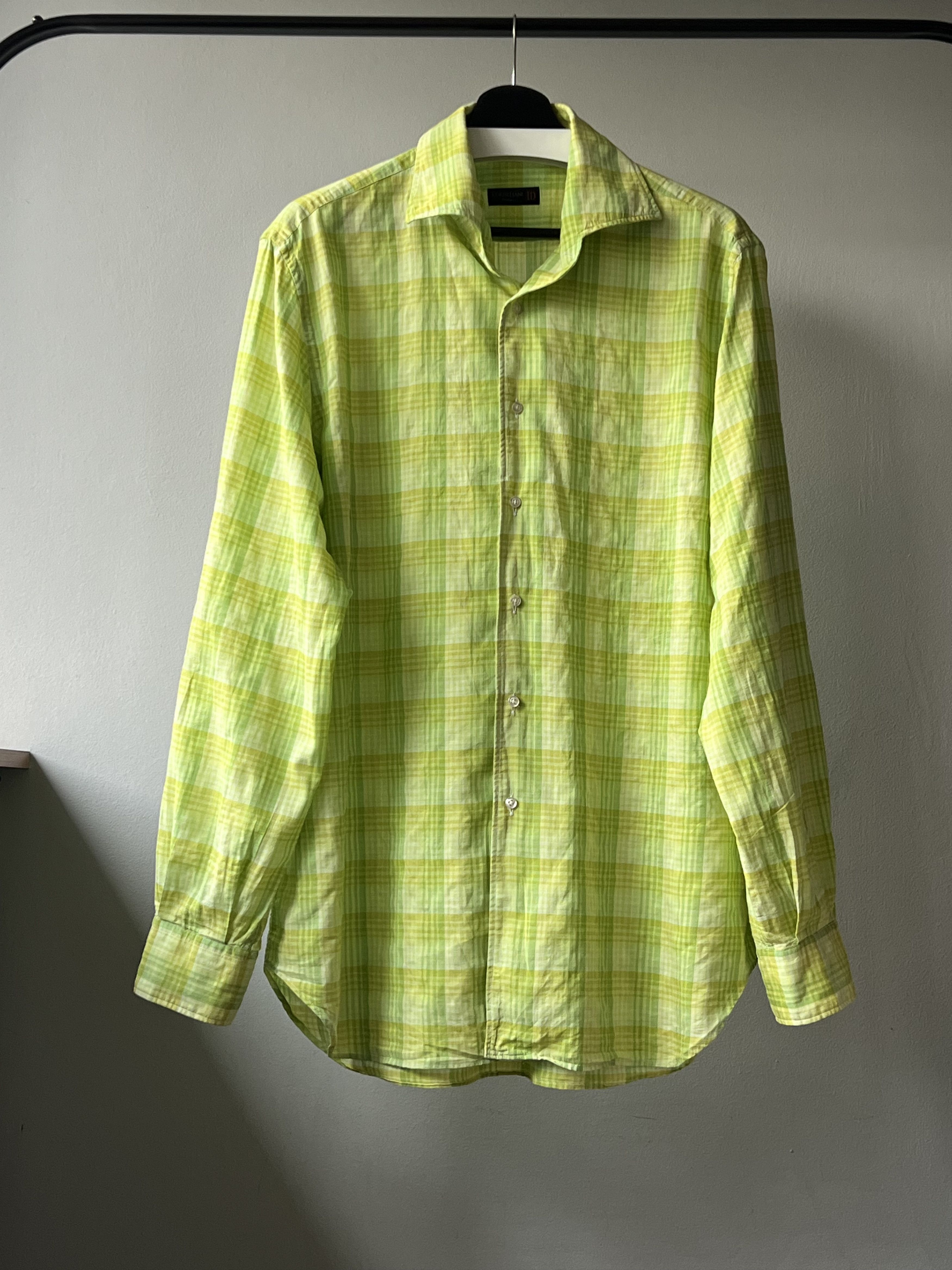 Corneliani Corneliani ID Men's Lime Green Long Sleeve Checkered Shirt Size US L / EU 52-54 / 3 - 1 Thumbnail