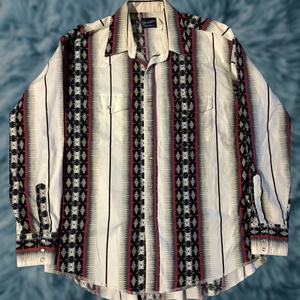 Wrangler VINTAGE Wrangler Striped Aztec Pearl Snap Shirt XL Western Cowboy Grunge AOP 80s 90s Size US XL / EU 56 / 4 - 1 Thumbnail