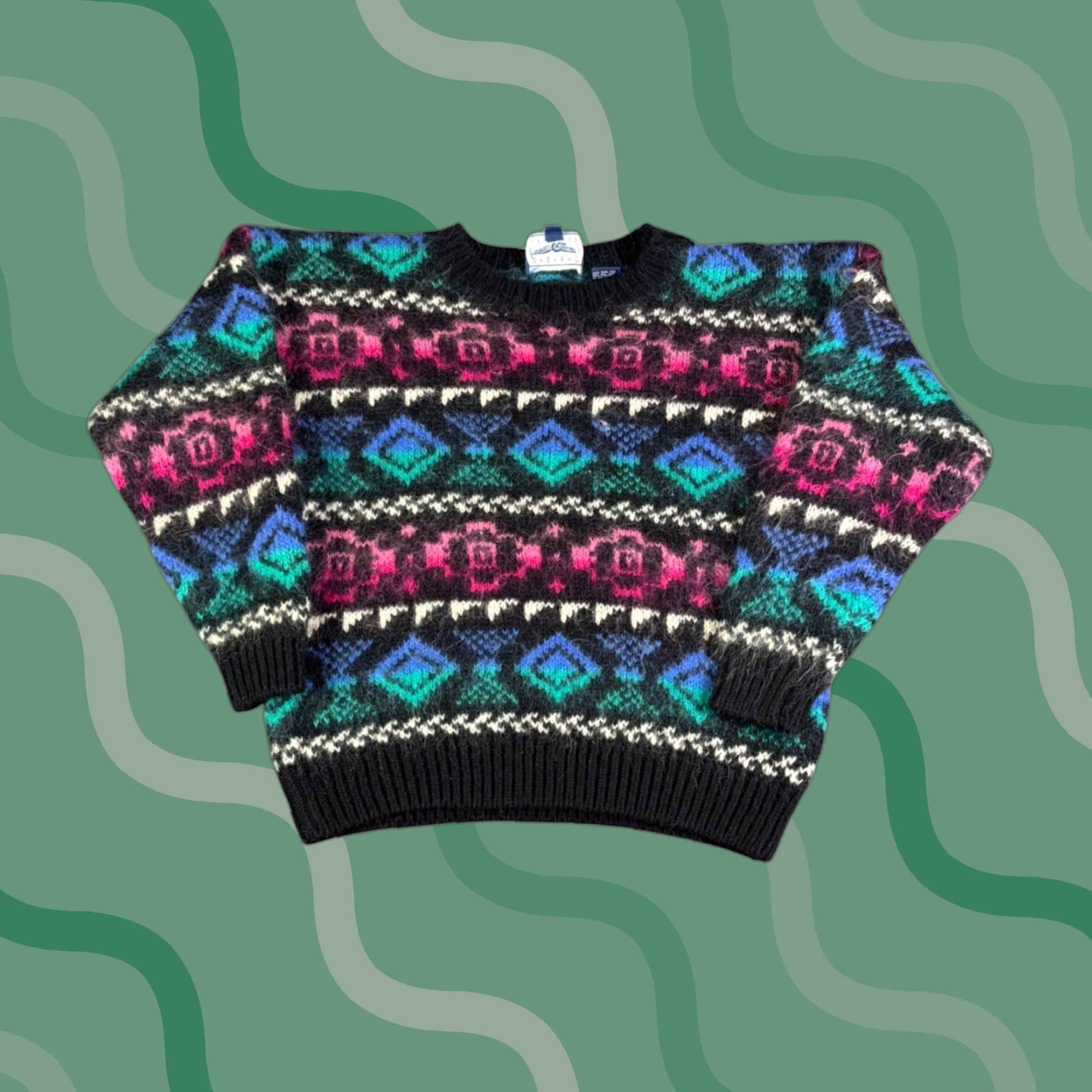 Vintage VINTAGE American Clothing Co Womens Sweater Small Black Pink Teal Geometric Fair Isle Size S / US 4 / IT 40 - 1 Thumbnail
