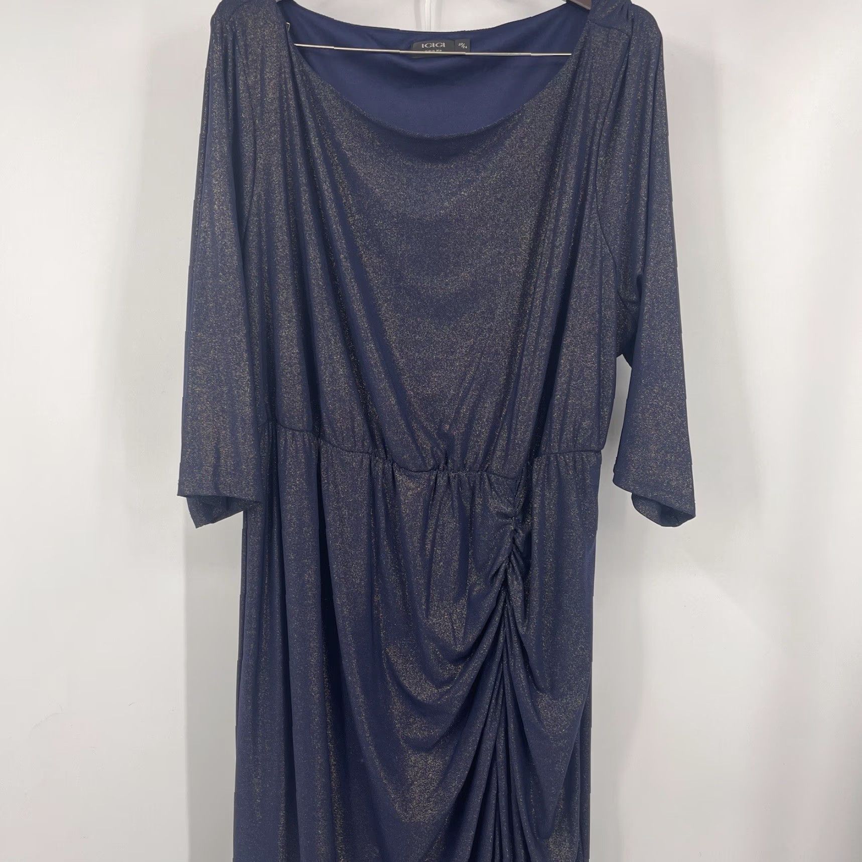Vintage IGIGI Dress Women Plus 24 3/4 Sleeve Jersey Knee-Length Ruched Bodycon Navy Blue Size 4XL / US 24-26 - 2 Thumbnail