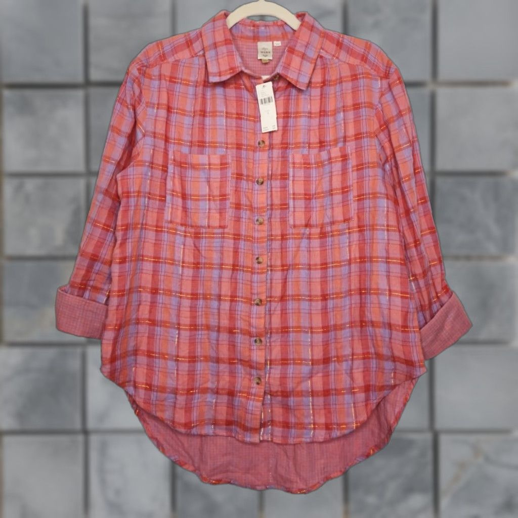 Anthropologie VINTAGE Seen Worn Kept Pink Metallic Flannel Button-Up Womens 6 NWT Anthropologie Shirt Size M / US 6-8 / IT 42-44 - 1 Thumbnail