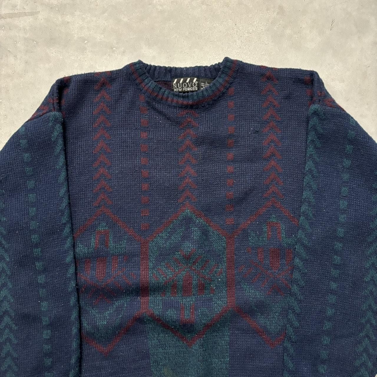 Japanese Brand × Vintage Crazy Vintage 90s Navy Blue Pattern 100% Acrylic Knit Sweater! Size US L / EU 52-54 / 3 - 2 Thumbnail