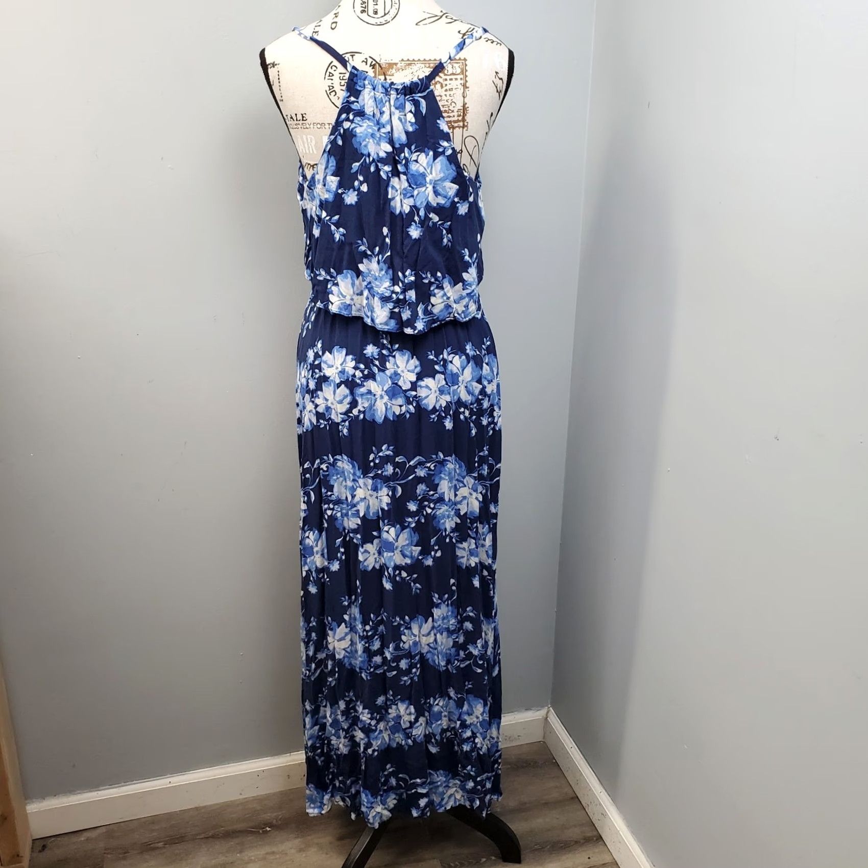Vintage LC Lauren Conrad Maxi Dress Womens M Blue White Floral Cinch Waist Tiered Bodice Dress Size M / US 6-8 / IT 42-44 - 7 Thumbnail