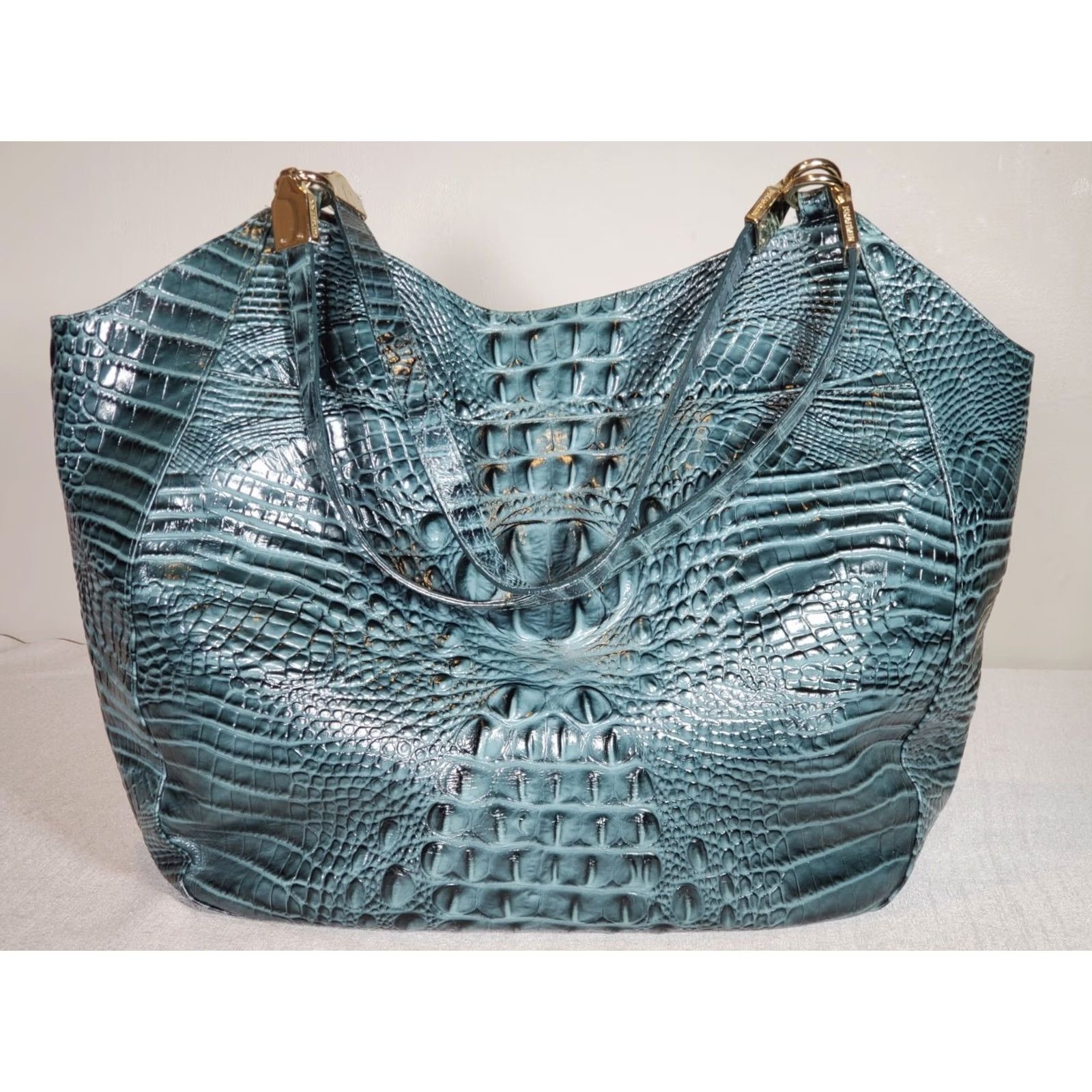 BRAHMIN Brahmin Thelma Melbourne Leather Tote Ivy Crocodile Embossed Shoulder Bag Womens Large 18W 15H 5D Gold Hardware Navy? Size ONE SIZE - 3 Thumbnail