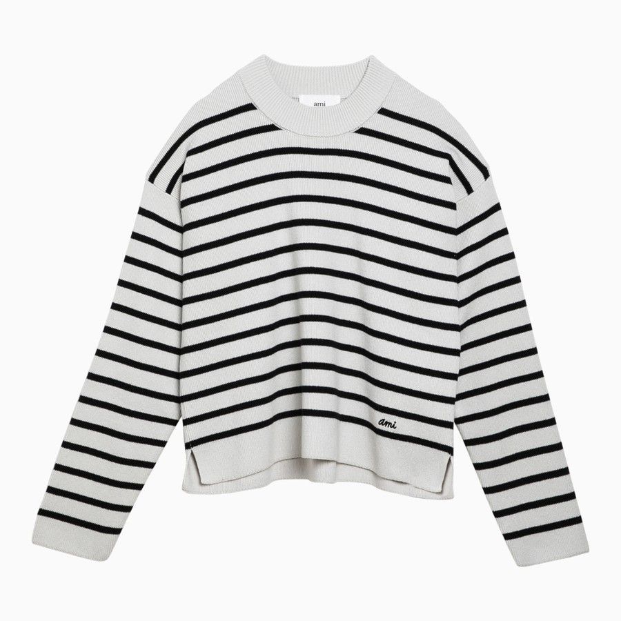 o1d2blof0724 Striped Cotton Wool Jumper Chalk White & Black