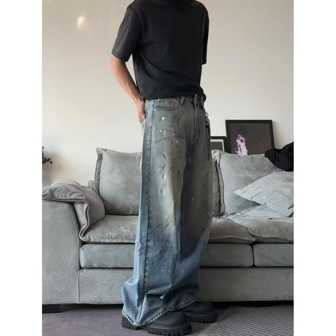 Japanese Brand Blue washed ink-splashed distressed jeans Size US 32 / EU 48 - 3 Thumbnail
