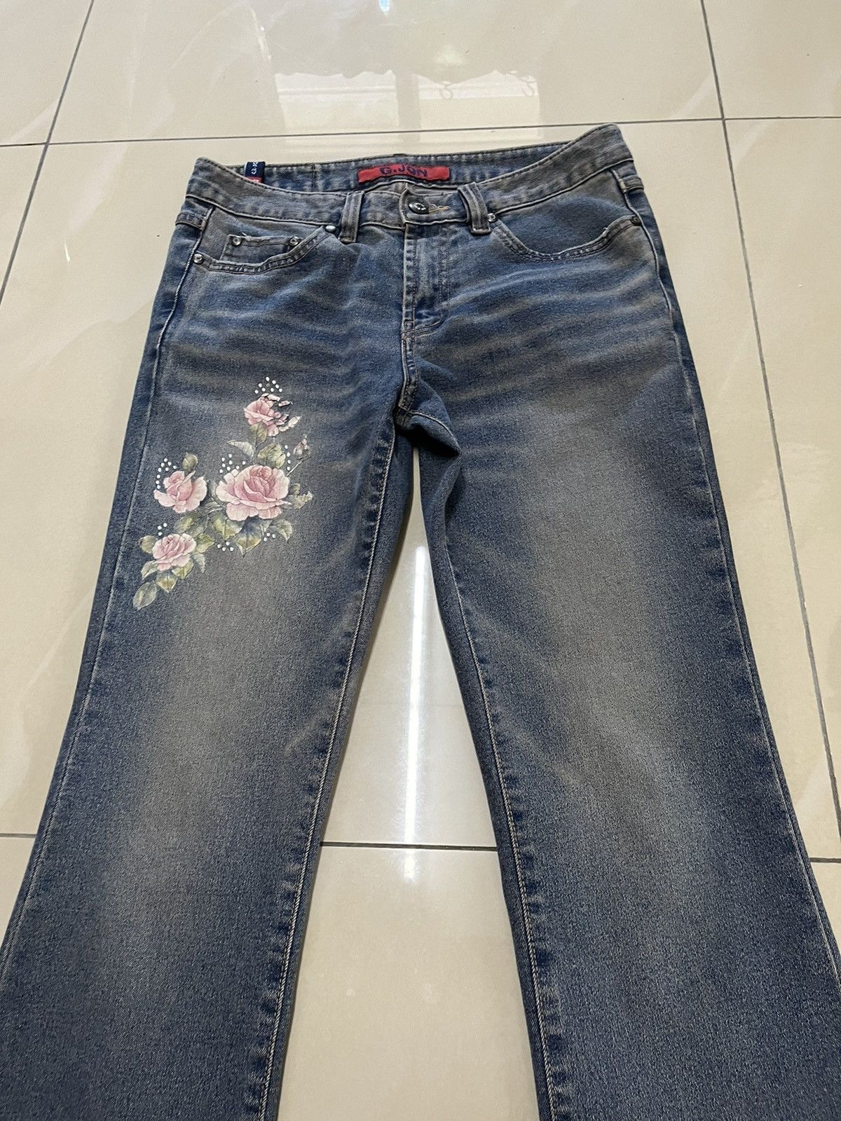 Tornado Mart Flare Jeans G.JON roses distressed low rise rusty denim Size US 29 - 6 Thumbnail
