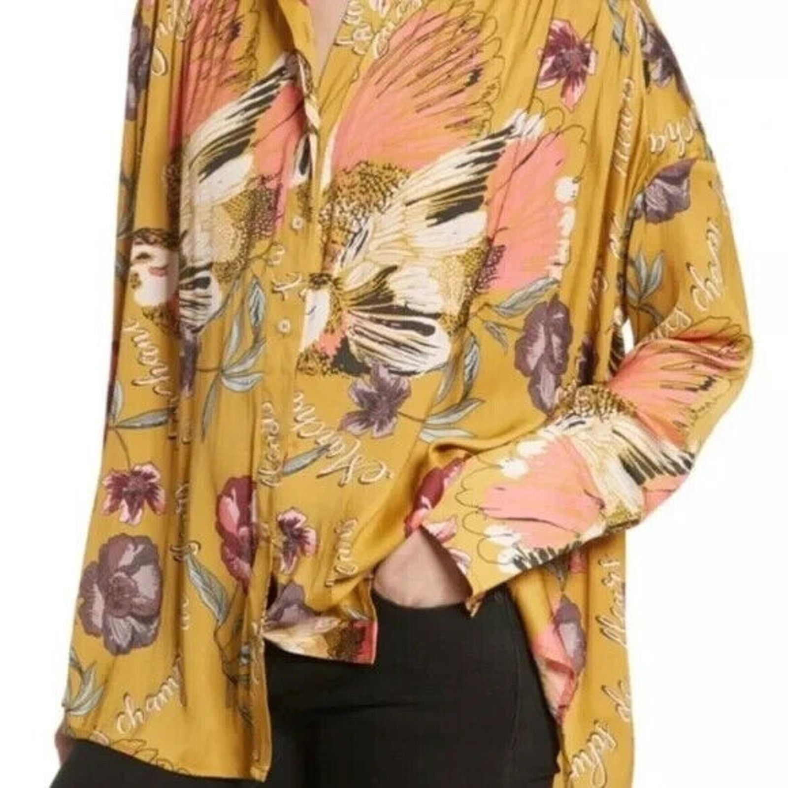 Free People FREE PEOPLE SILKY NIGHTS FLUER GOLD FLORAL LONG SLEEVE TOP Size XS / US 0-2 / IT 36-38 - 5 Thumbnail