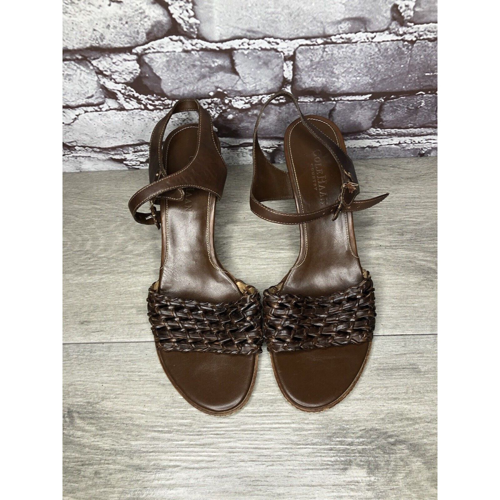 Cole Haan Cole Haan Brown Leather Woven Heel AnkleStrap Sandals Women Size US 7.5 / IT 37.5 - 19 Thumbnail