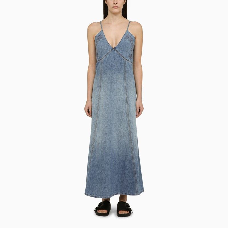 image of Chloe Long Blue Denim And Linen Dress, Women's (Size Medium)