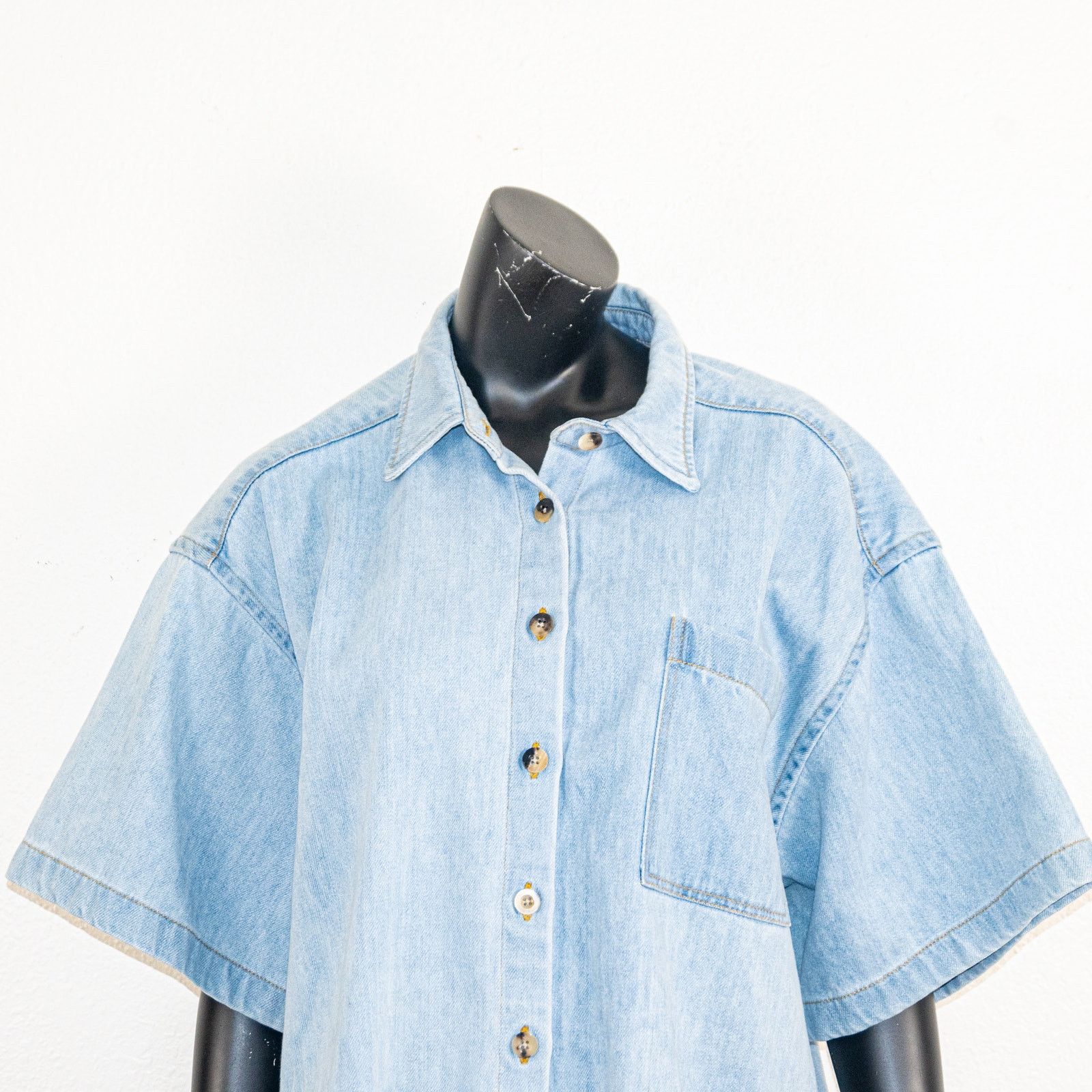 Rosetta Getty Rosetta Getty $730 Cropped Denim Shirt Mid Blue Wide Boxy Size ONE SIZE - 7 Thumbnail