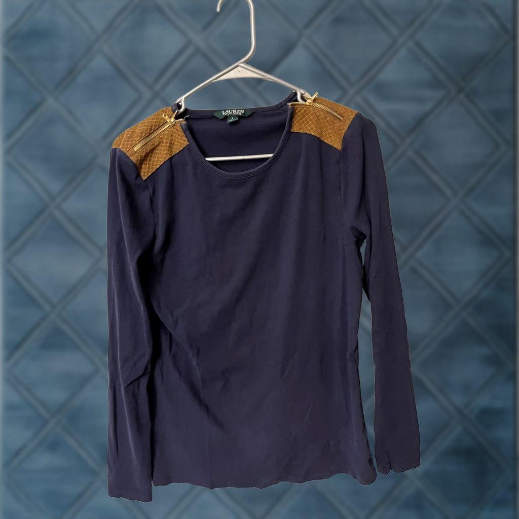 Ralph Lauren Lauren Ralph Lauren Navy Blue Long Sleeve Suede Zip Shoulder Shirt Women’s L Size L / US 10 / IT 46 - 1 Thumbnail