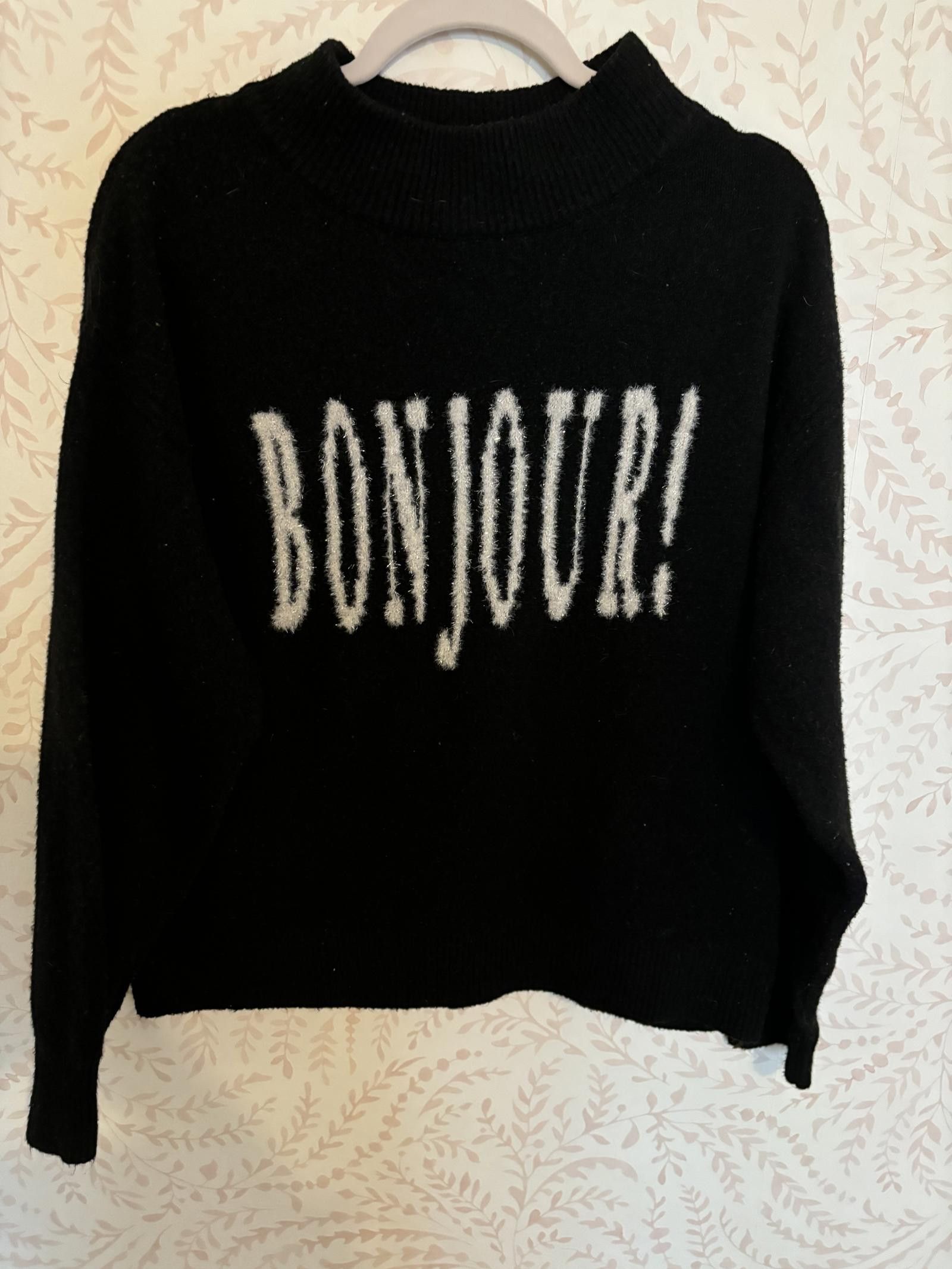 Designer NWOT A New Day Black Sweater with 'BONJOUR' Graphic Size L / US 10 / IT 46 - 1 Thumbnail