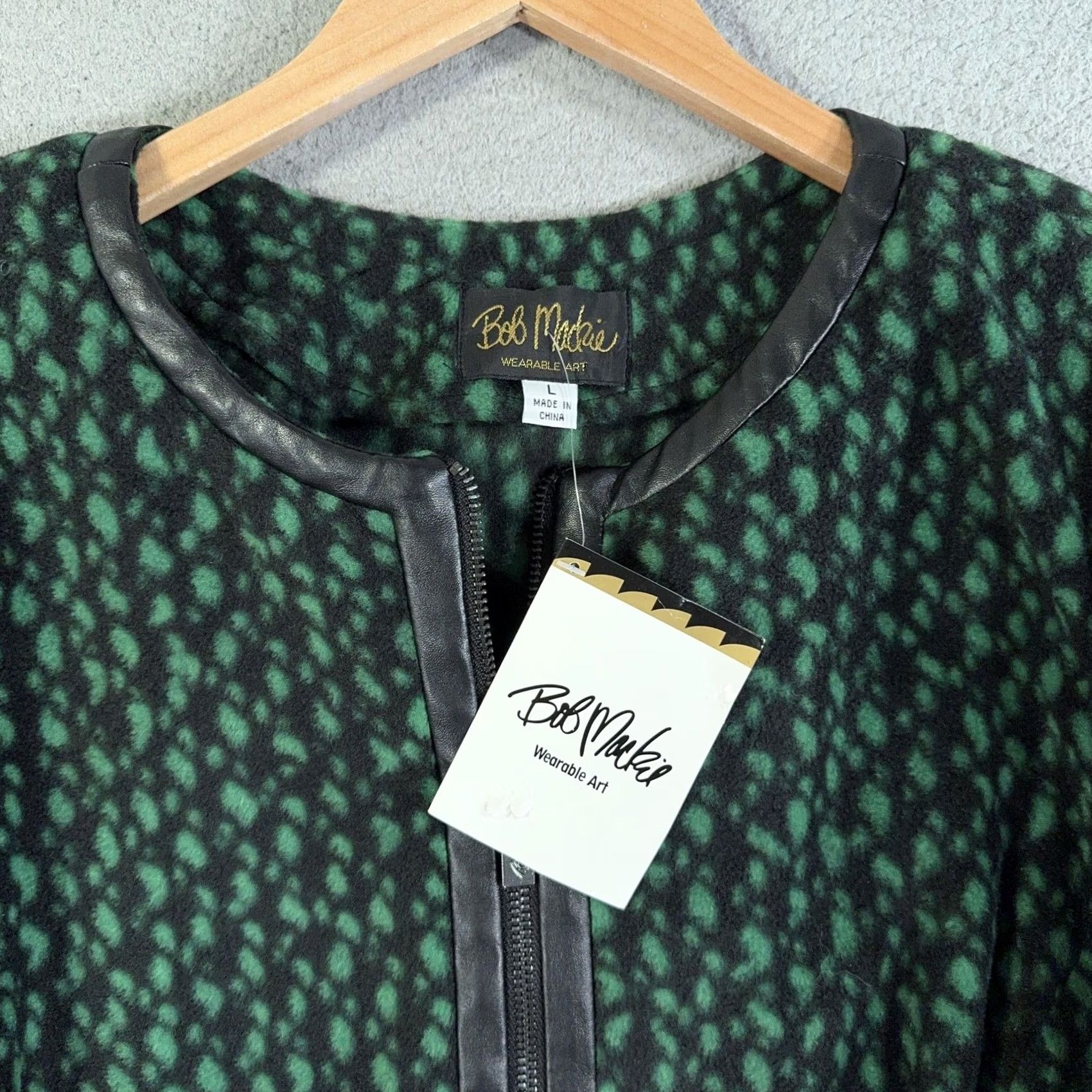 Bob Mackie VINTAGE Bob Mackie Jacket Womens L Green Black Zip Front Faux Leather Trim Print Size L / US 10 / IT 46 - 3 Thumbnail