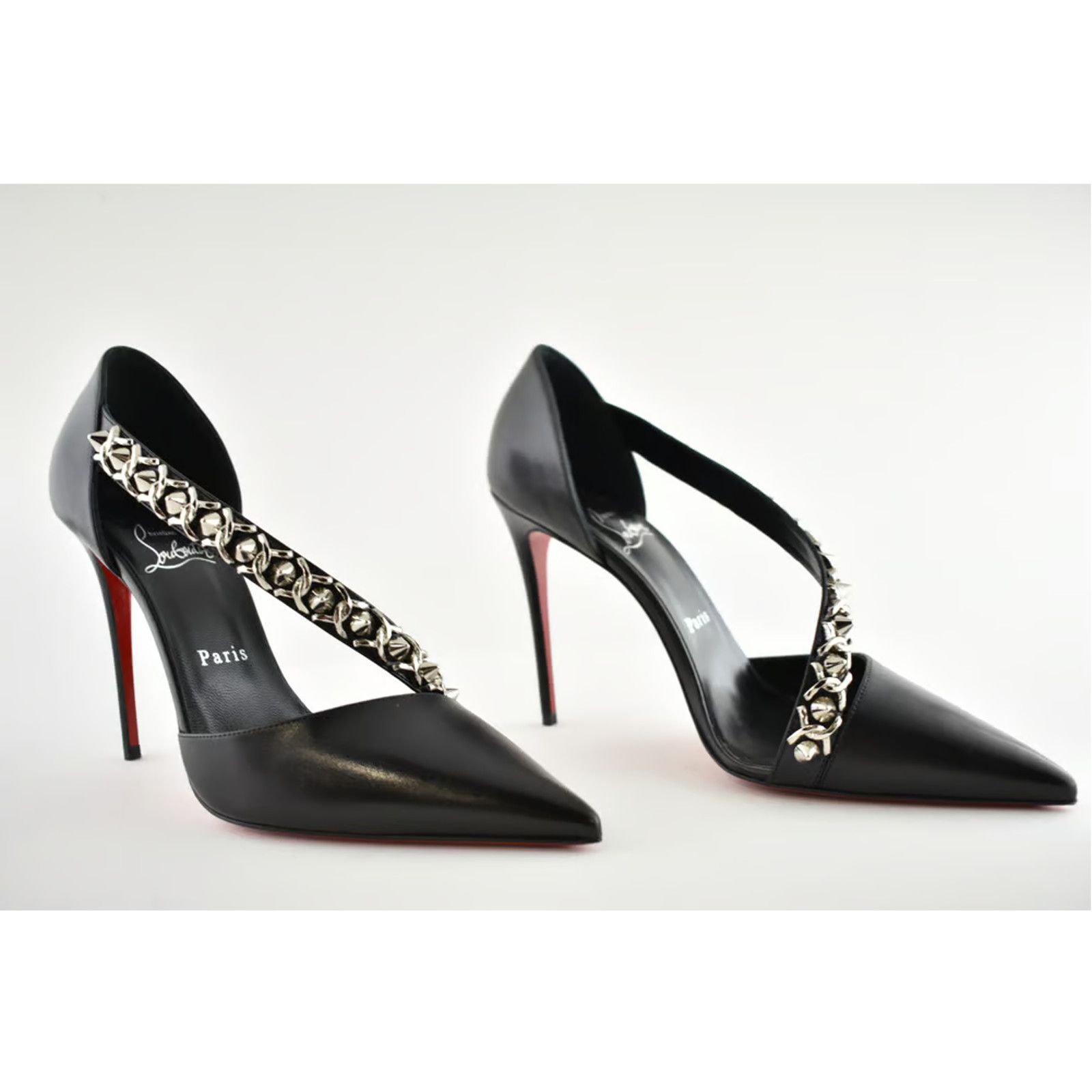 Christian Louboutin Deomina Chain 100 Black Spike Stud Cross Strap Heel Pump 41 Size US 11 / IT 41 - 6 Thumbnail