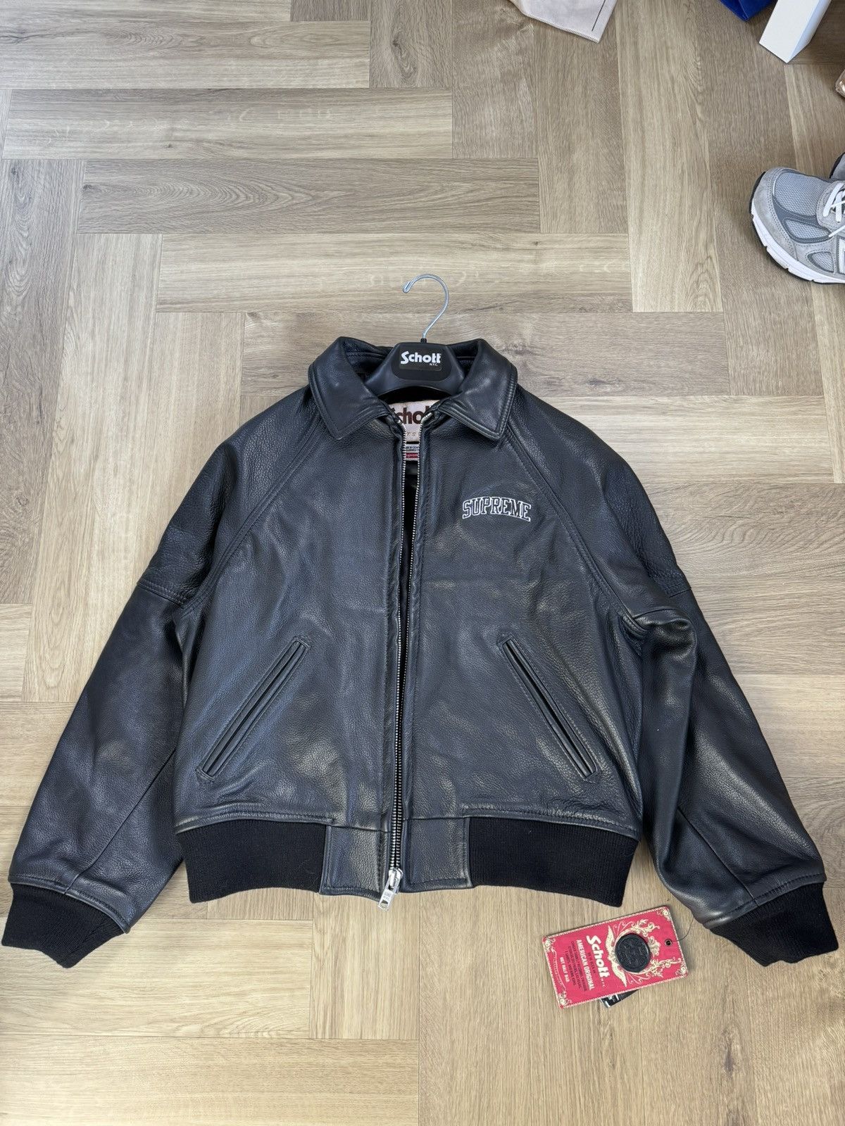 image of Supreme Schott Martin Wong 8 Ball Leather Varsity Jacket in Black, Men's (Size Small)