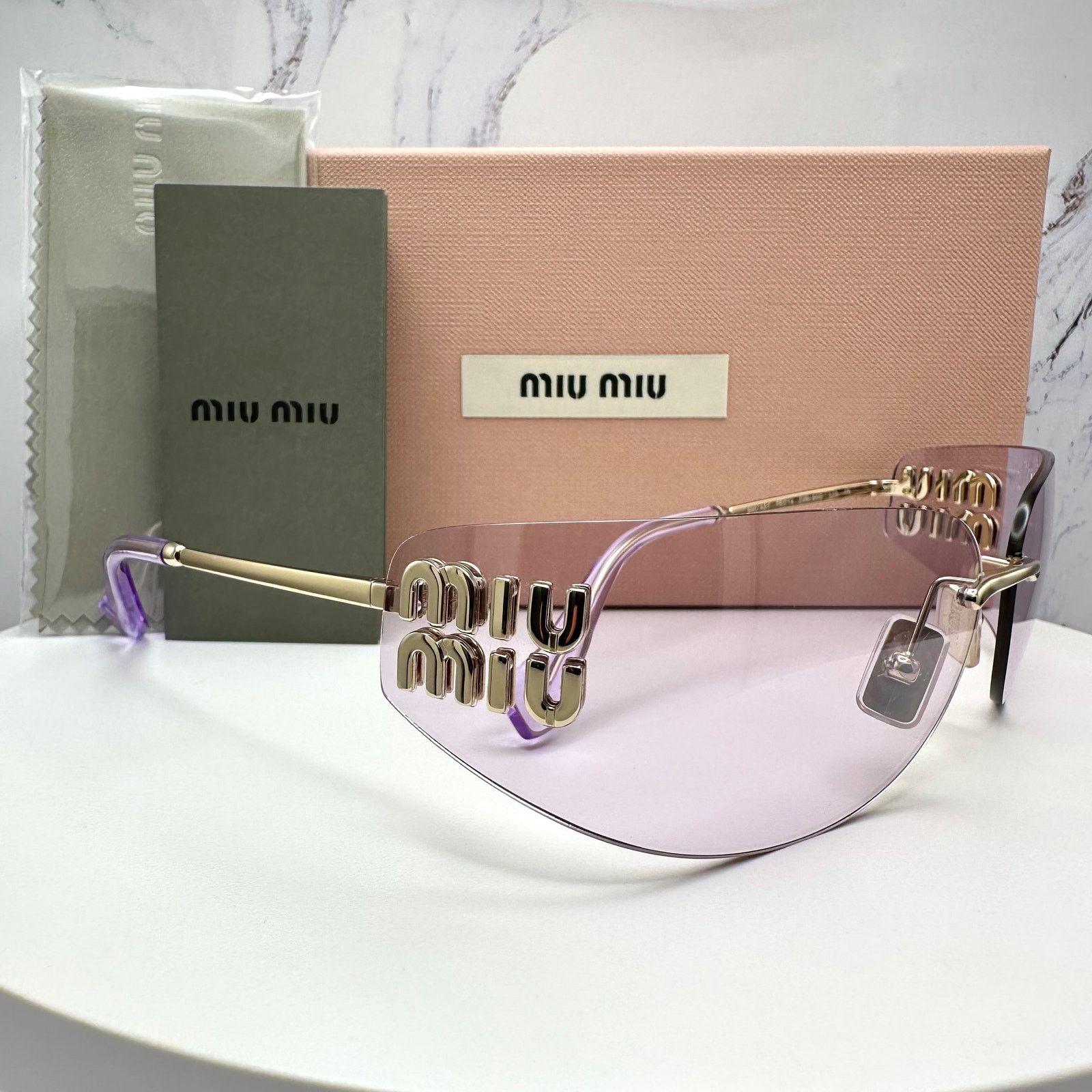 New MIU MIU Sunglasses Gold Pink Wrap AUTHENTIC Runway 2025