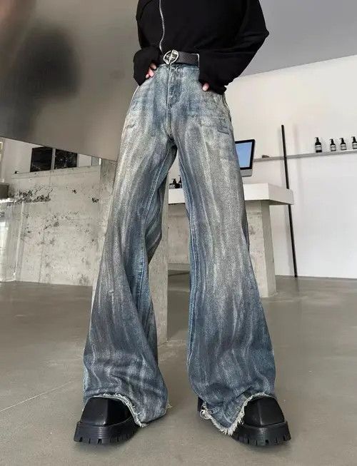 image of Street Distressed Corrugated Crease Micro-Flared Jeans in Blue, Men's (Size 32)