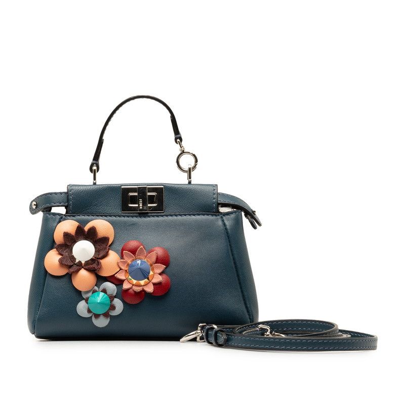 image of Fendi Micro Flowerland Peekaboo Handbag Shoulder Bag Leather 8M0355 In Good Condition in Black, Wom